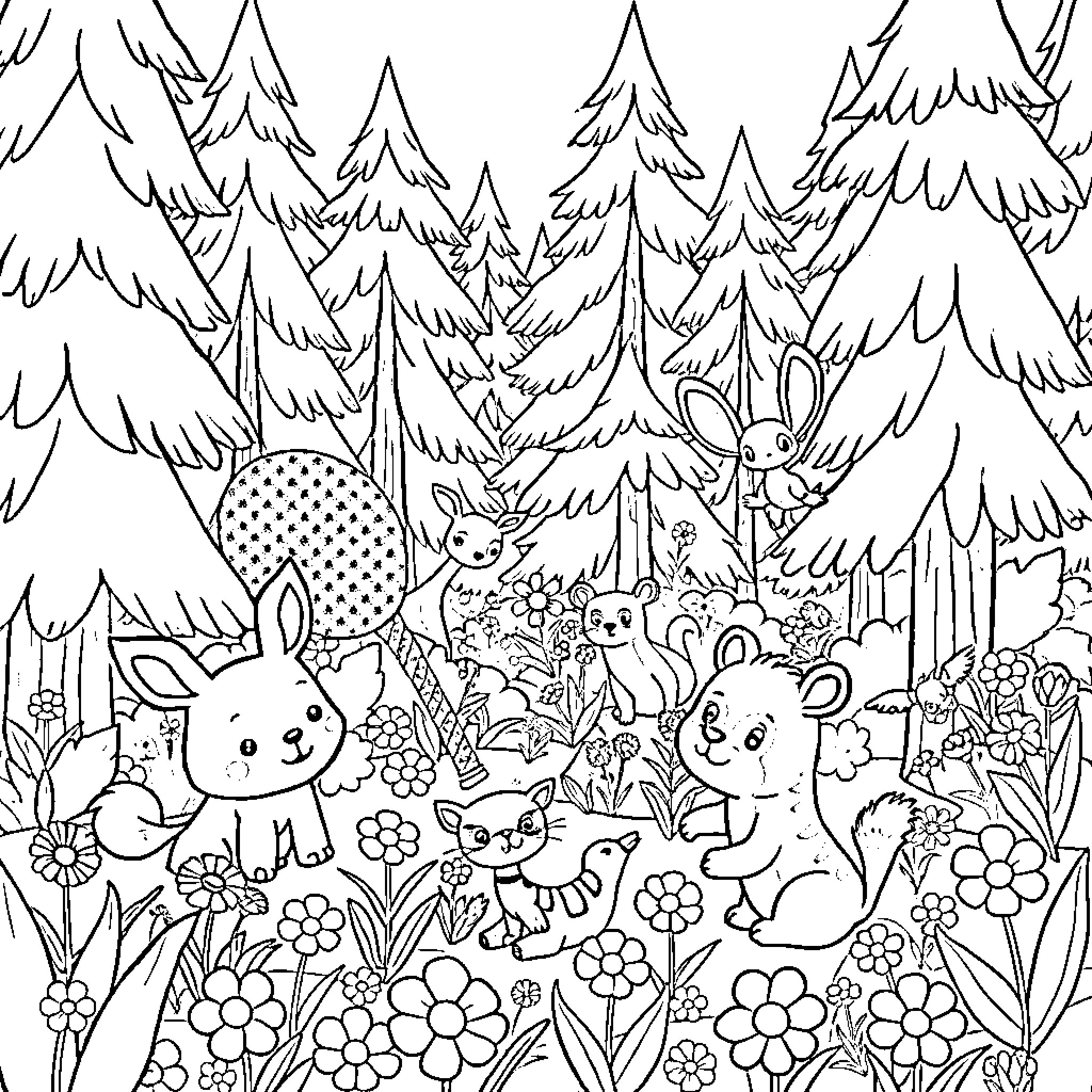 Chibi Animal Gathering in Whimsical Forest Scene Coloring Page (free black-and-white line drawing printable PDF for all, from beginners to advanced learners, including children, teens, adults, and seniors)