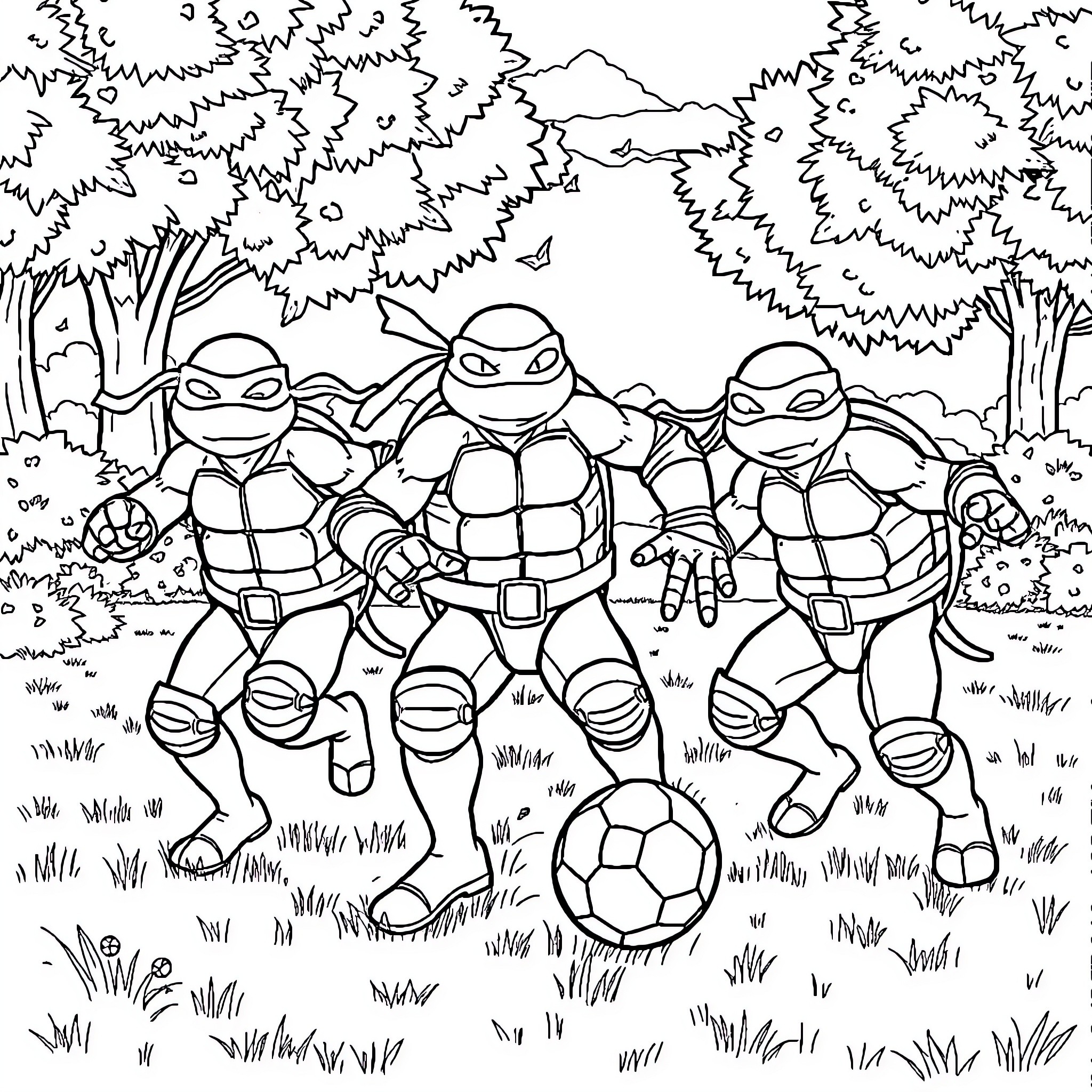 Teenage Mutant Ninja Turtles playing soccer in the forest Coloring Page (free black-and-white line drawing printable PDF for all, from beginners to advanced learners, including children, teens, adults, and seniors)