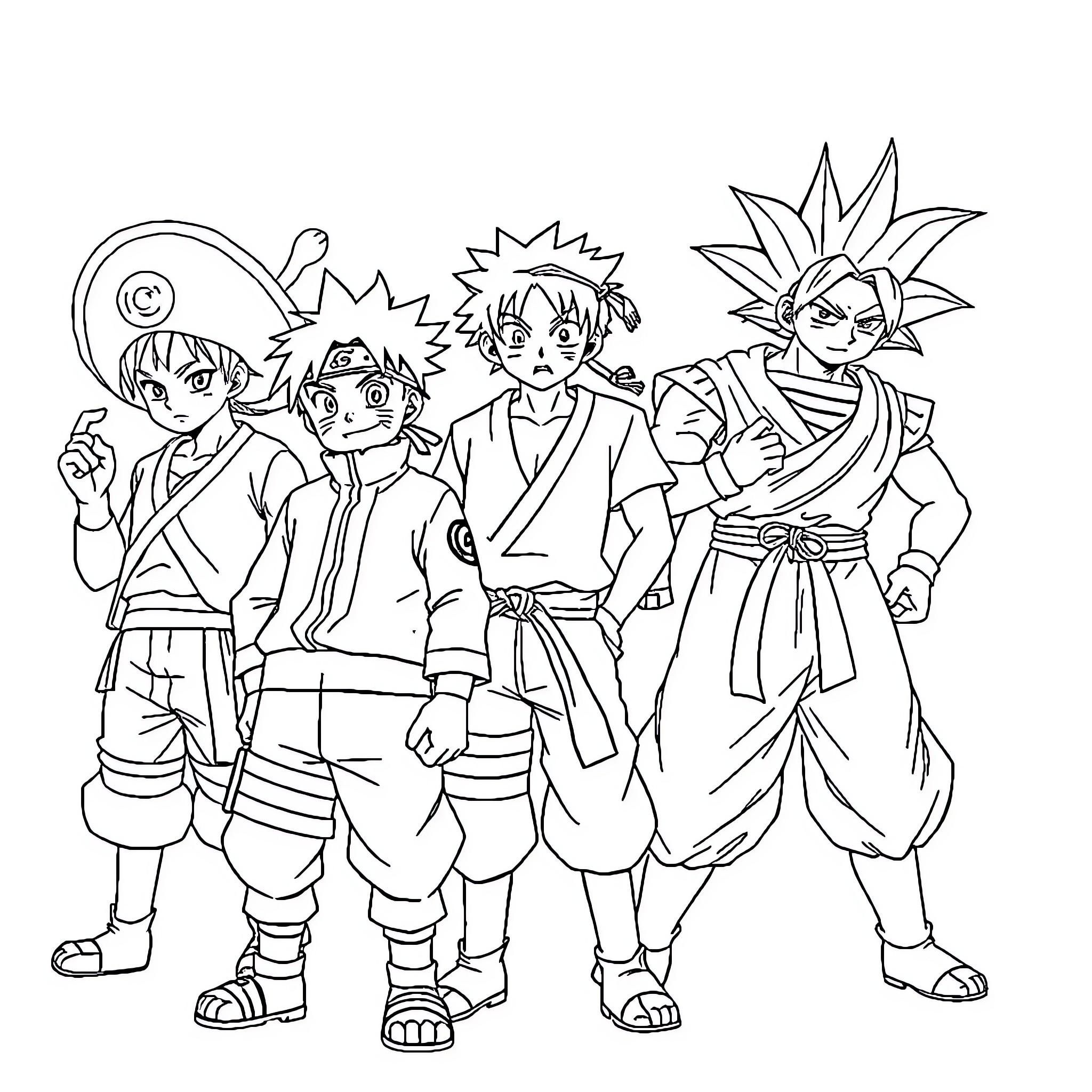 Naruto and friends in action-packed adventure Coloring Page (free black-and-white line drawing printable PDF for all, from beginners to advanced learners, including children, teens, adults, and seniors)