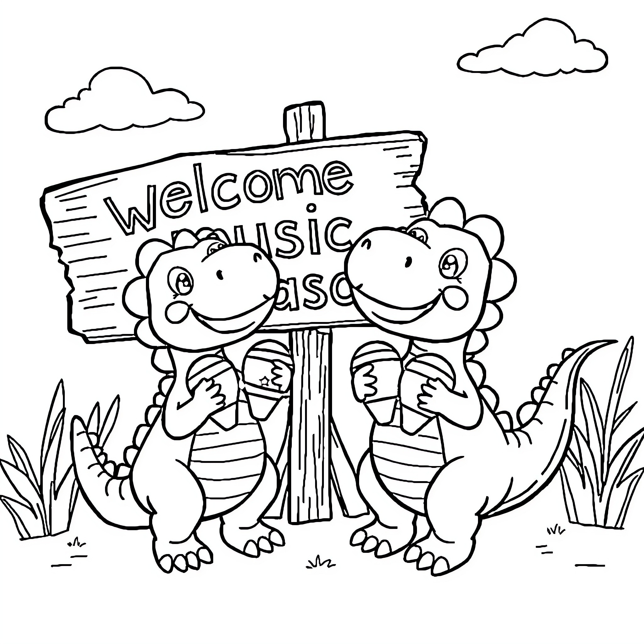 Dinosaurs Welcome Music Class Coloring Page (free black-and-white line drawing printable PDF for all, from beginners to advanced learners, including children, teens, adults, and seniors)