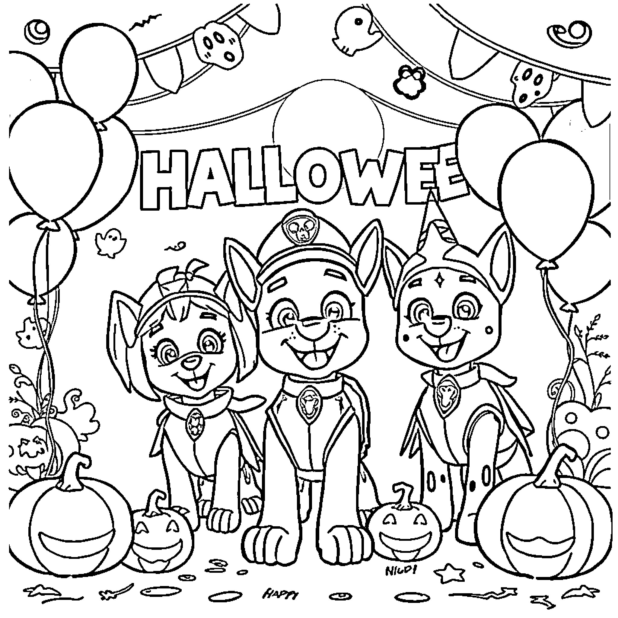 Paw Patrol Halloween costumes and decorations Coloring Page (free black-and-white line drawing printable PDF for all, from beginners to advanced learners, including children, teens, adults, and seniors)