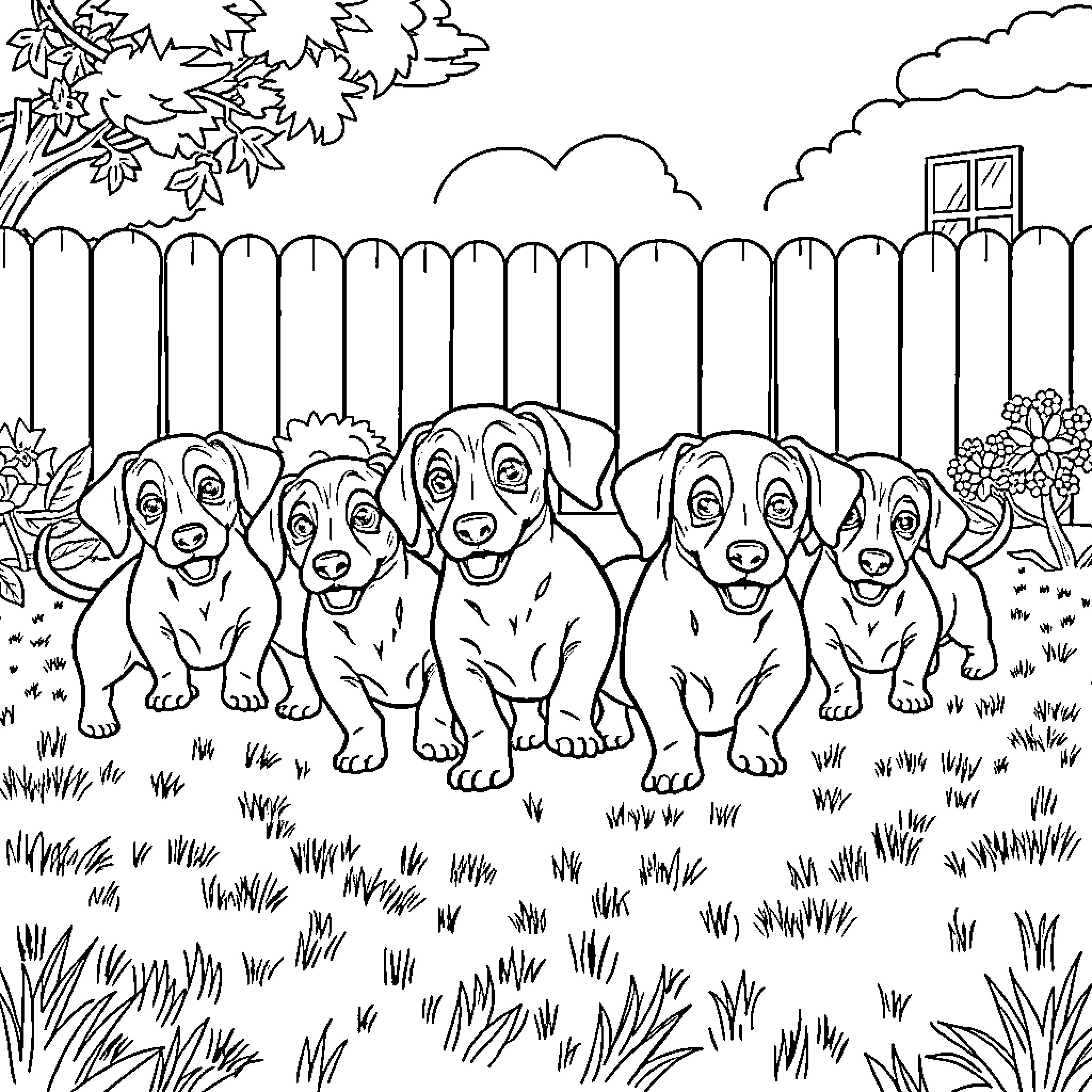Dachshund puppies playing happily in the backyard Coloring Page (free black-and-white line drawing printable PDF for all, from beginners to advanced learners, including children, teens, adults, and seniors)
