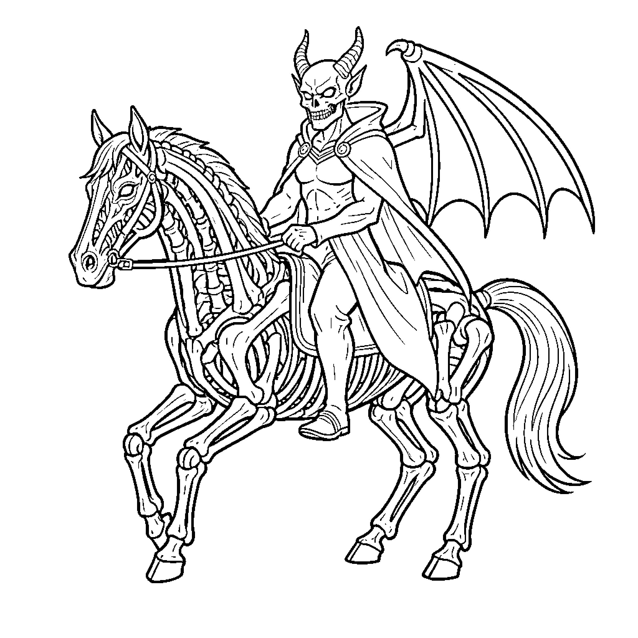 Demonio riding a skeletal horse with wings Coloring Page (free black-and-white line drawing printable PDF for all, from beginners to advanced learners, including children, teens, adults, and seniors)