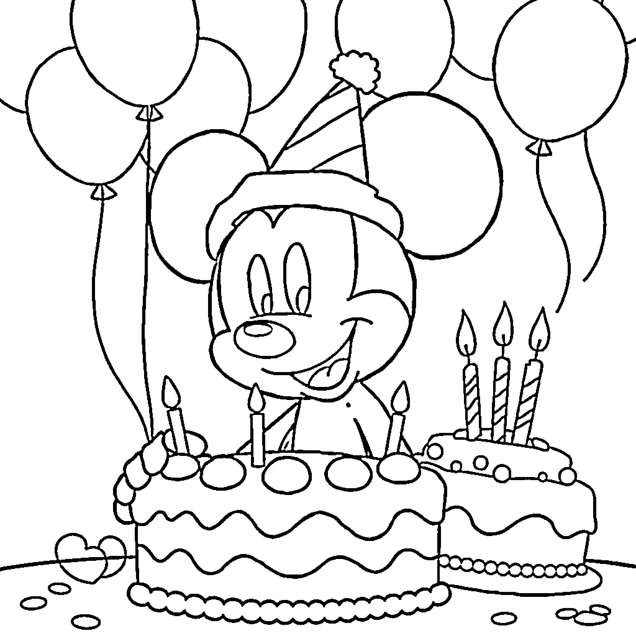 Mickey Mouse celebrating birthday with cake and balloons Coloring Page (free black-and-white line drawing printable PDF for all, from beginners to advanced learners, including children, teens, adults, and seniors)