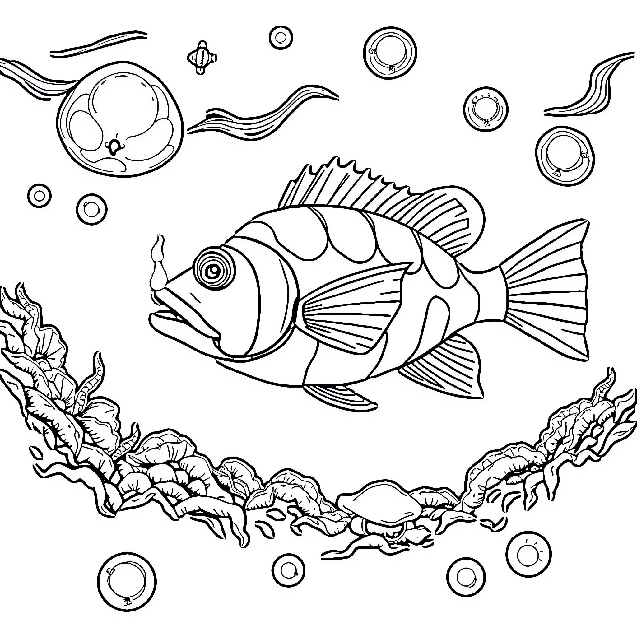 Anglerfish swimming among bubbles and coral Coloring Page (free black-and-white line drawing printable PDF for all, from beginners to advanced learners, including children, teens, adults, and seniors)