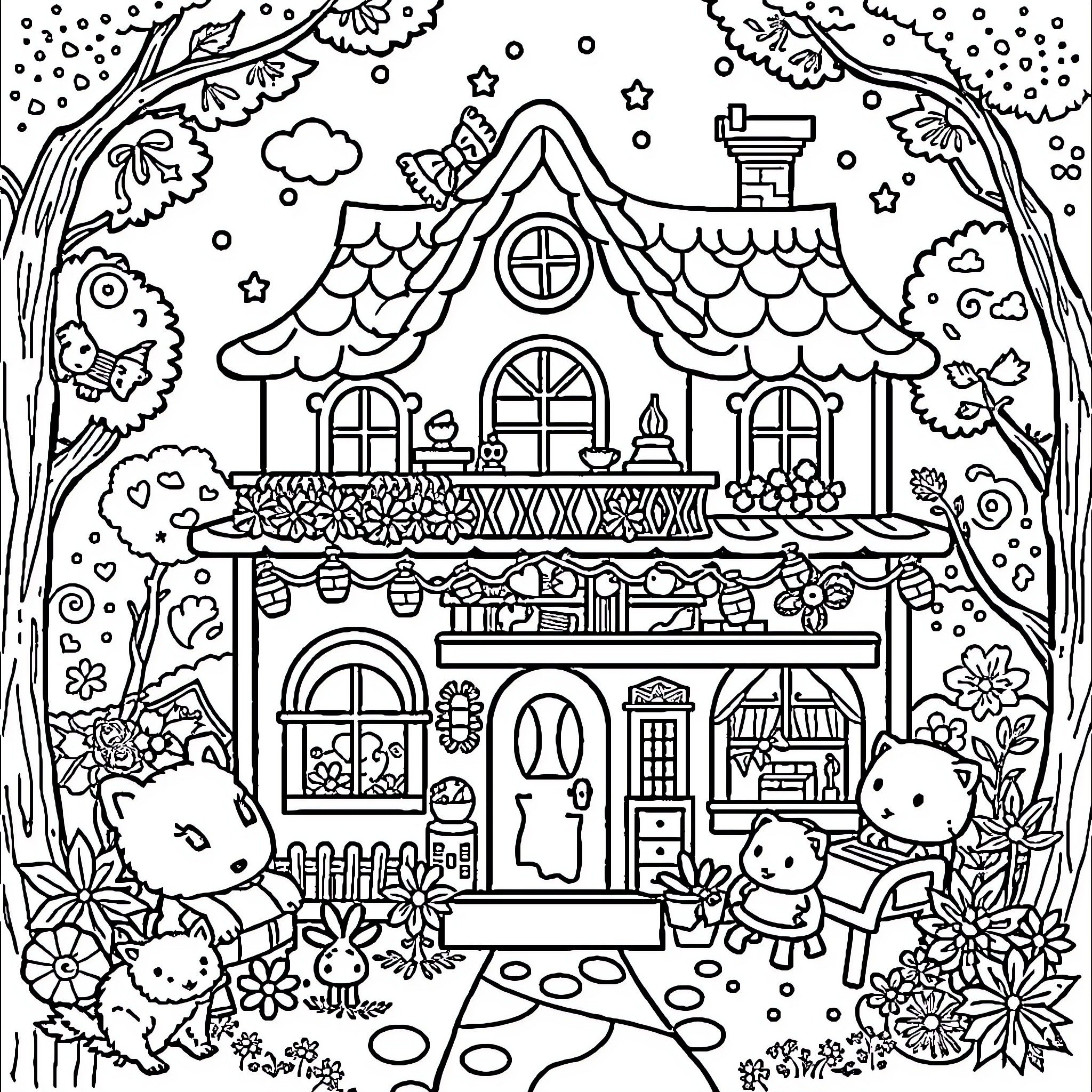 Gabby's Doll House: Whimsical Scenes with Playful Characters Coloring Page (free black-and-white line drawing printable PDF for all, from beginners to advanced learners, including children, teens, adults, and seniors)
