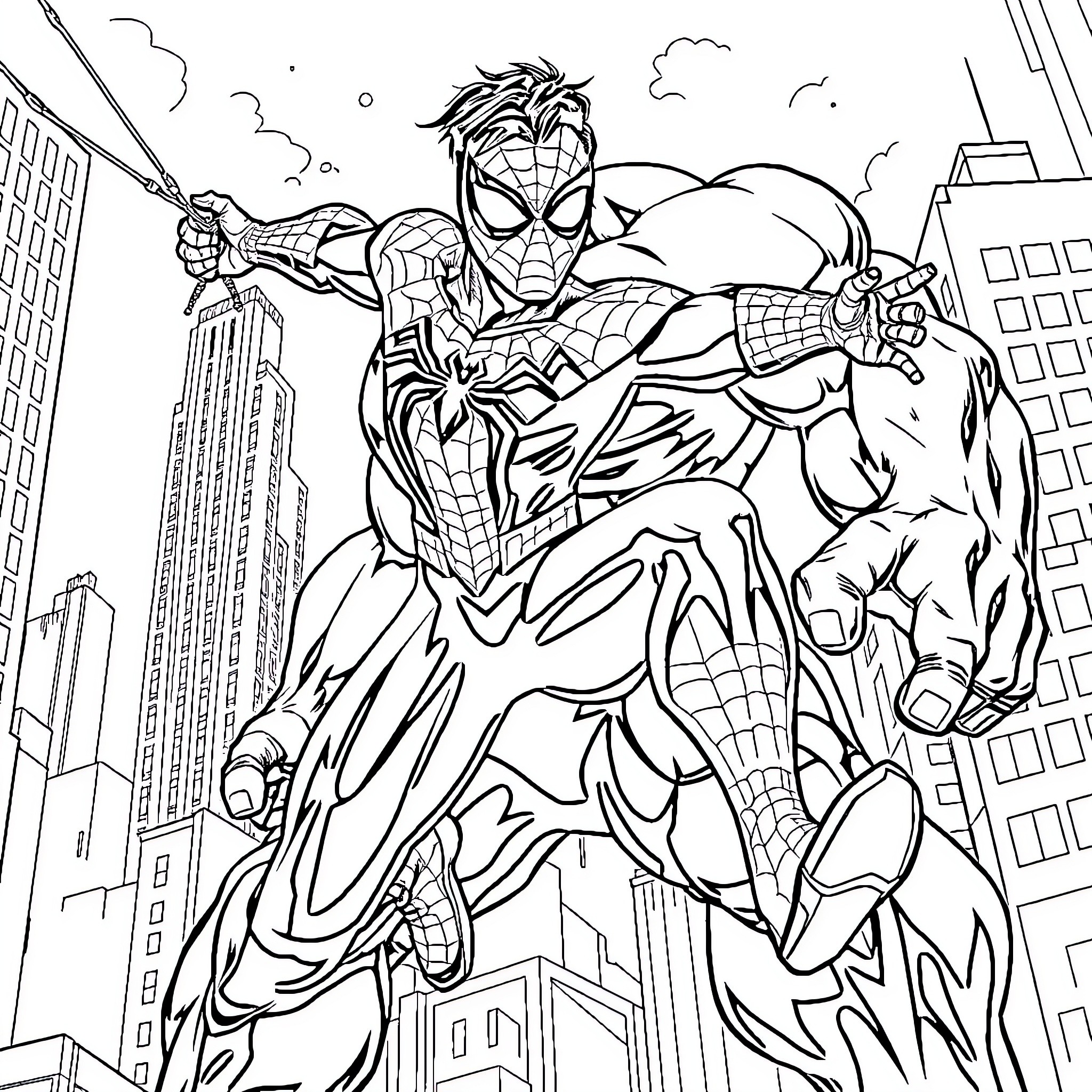 Spider-Man swinging into action in the city Coloring Page (free black-and-white line drawing printable PDF for all, from beginners to advanced learners, including children, teens, adults, and seniors)