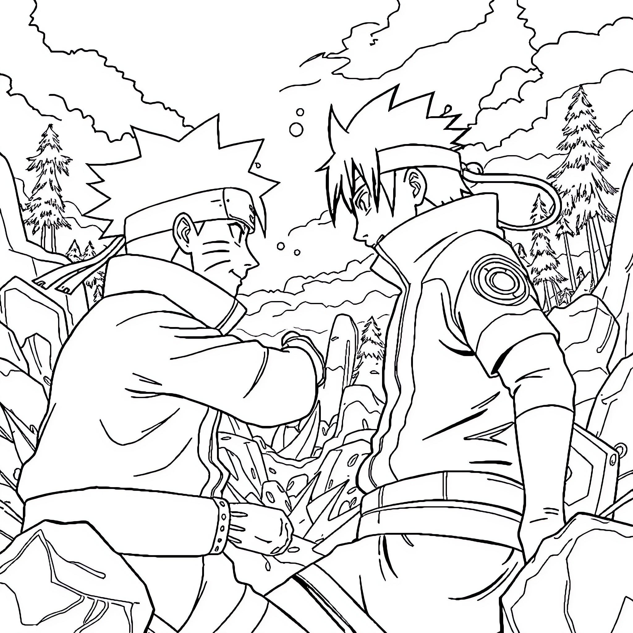 Naruto Characters in Intense Ninja Battle Coloring Page (free black-and-white line drawing printable PDF for all, from beginners to advanced learners, including children, teens, adults, and seniors)