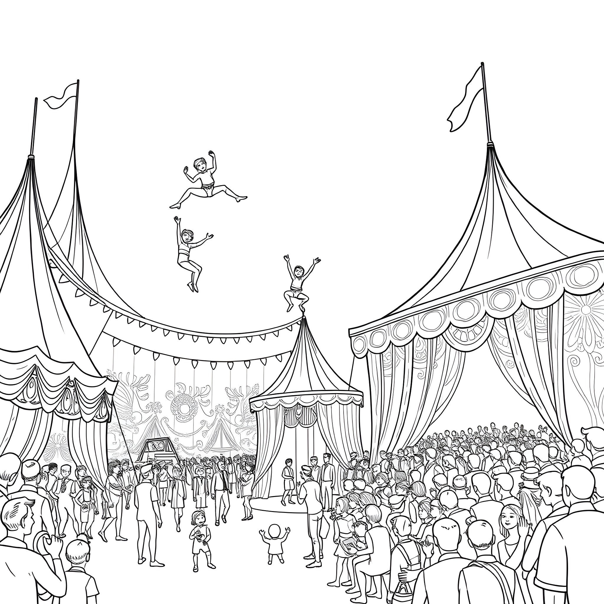 Circus performers entertaining a lively crowd Coloring Page (free black-and-white line drawing printable PDF for all, from beginners to advanced learners, including children, teens, adults, and seniors)