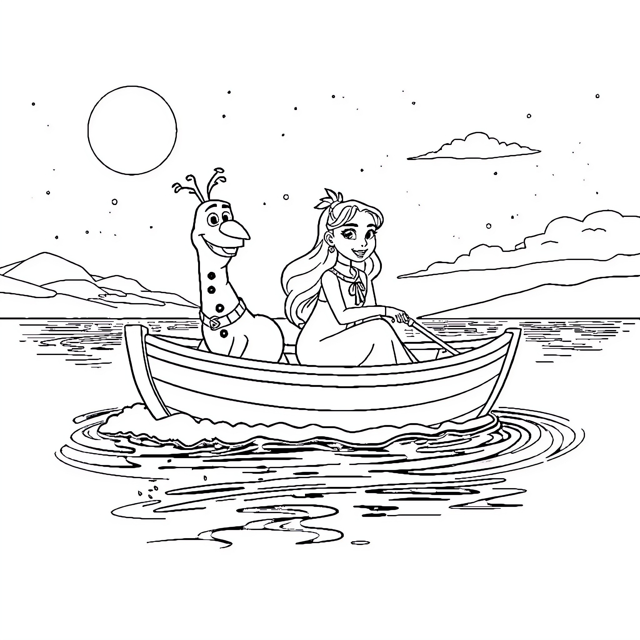 Olaf and the girl sailing on a boat in the lake Coloring Page (free black-and-white line drawing printable PDF for all, from beginners to advanced learners, including children, teens, adults, and seniors)