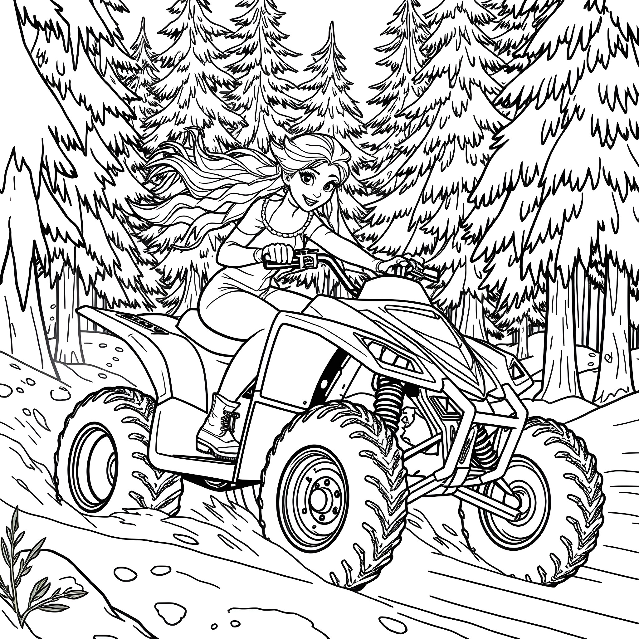 Elsa's Adventurous ATV Ride Through the Snowy Forest Coloring Page (free black-and-white line drawing printable PDF for all, from beginners to advanced learners, including children, teens, adults, and seniors)
