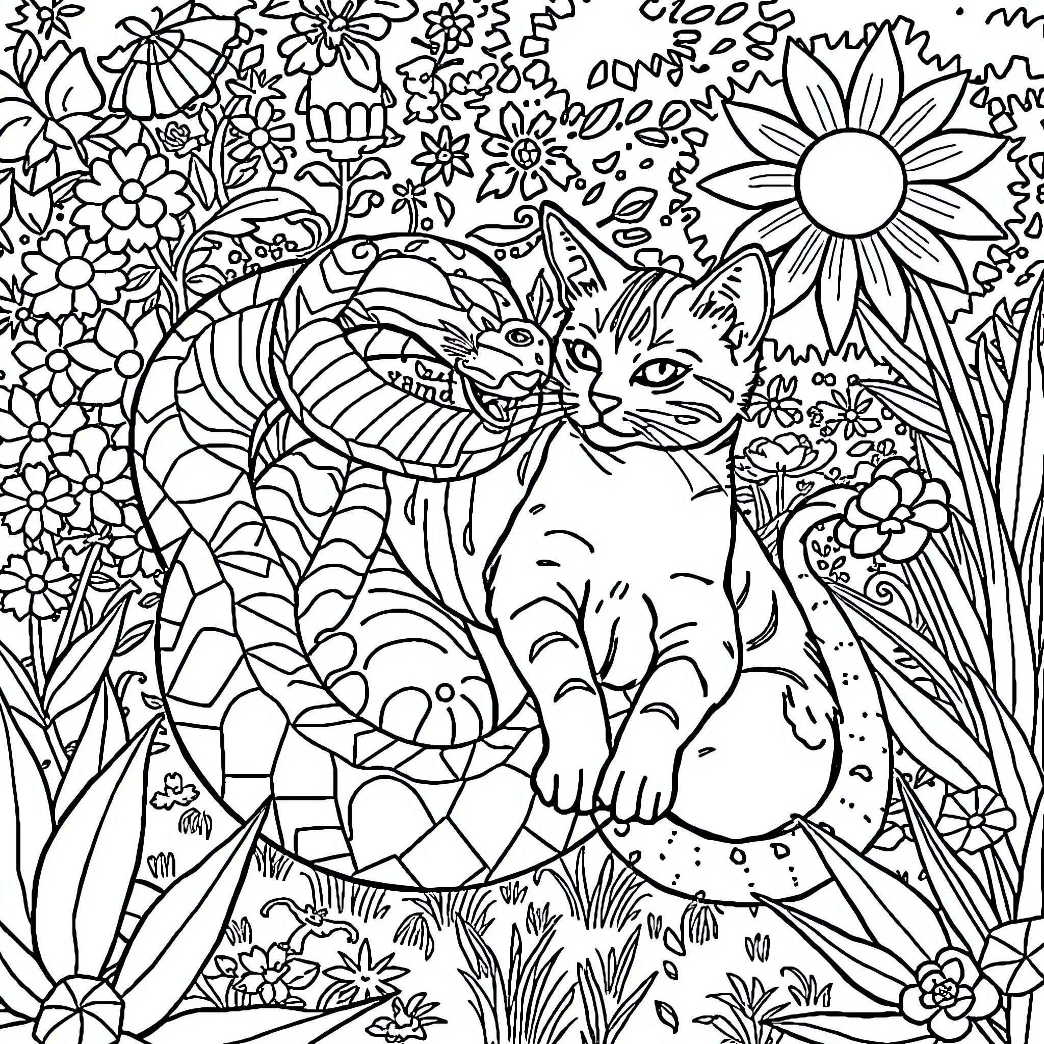 Serpent Surrounded by Whimsical Floral Patterns and a Curious Cat Coloring Page (free black-and-white line drawing printable PDF for all, from beginners to advanced learners, including children, teens, adults, and seniors)