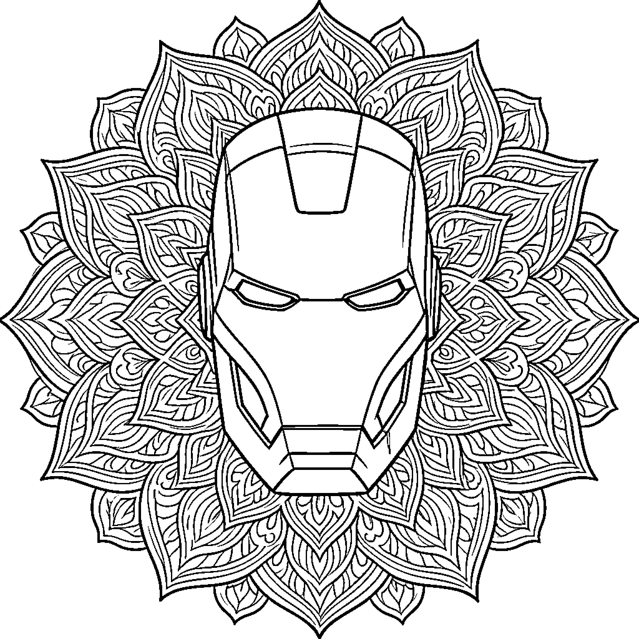 Iron Man helmet centered within a decorative mandala pattern Coloring Page (free black-and-white line drawing printable PDF for all, from beginners to advanced learners, including children, teens, adults, and seniors)
