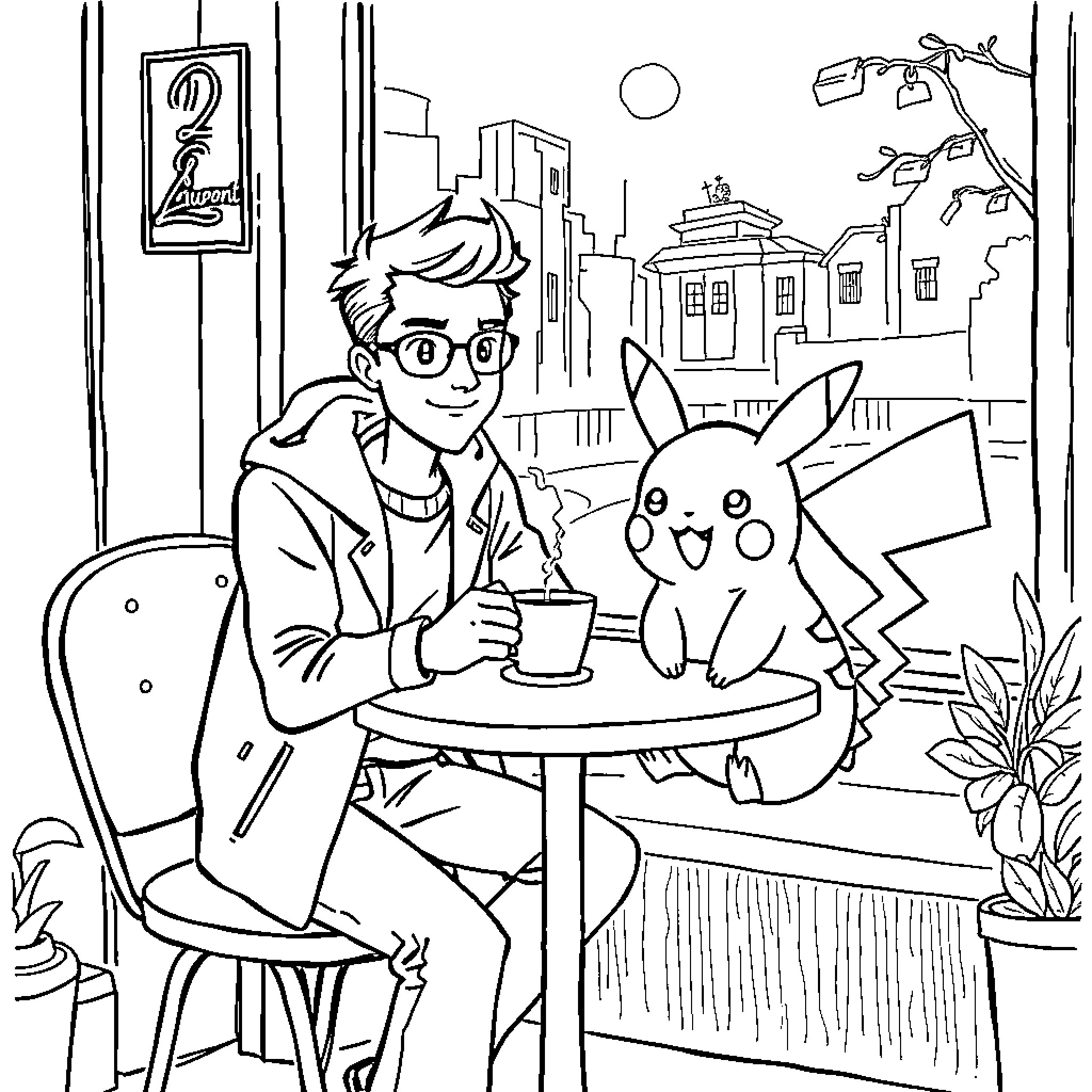 Antoine Dupont enjoying a coffee with Pikachu in the city Coloring Page (free black-and-white line drawing printable PDF for all, from beginners to advanced learners, including children, teens, adults, and seniors)