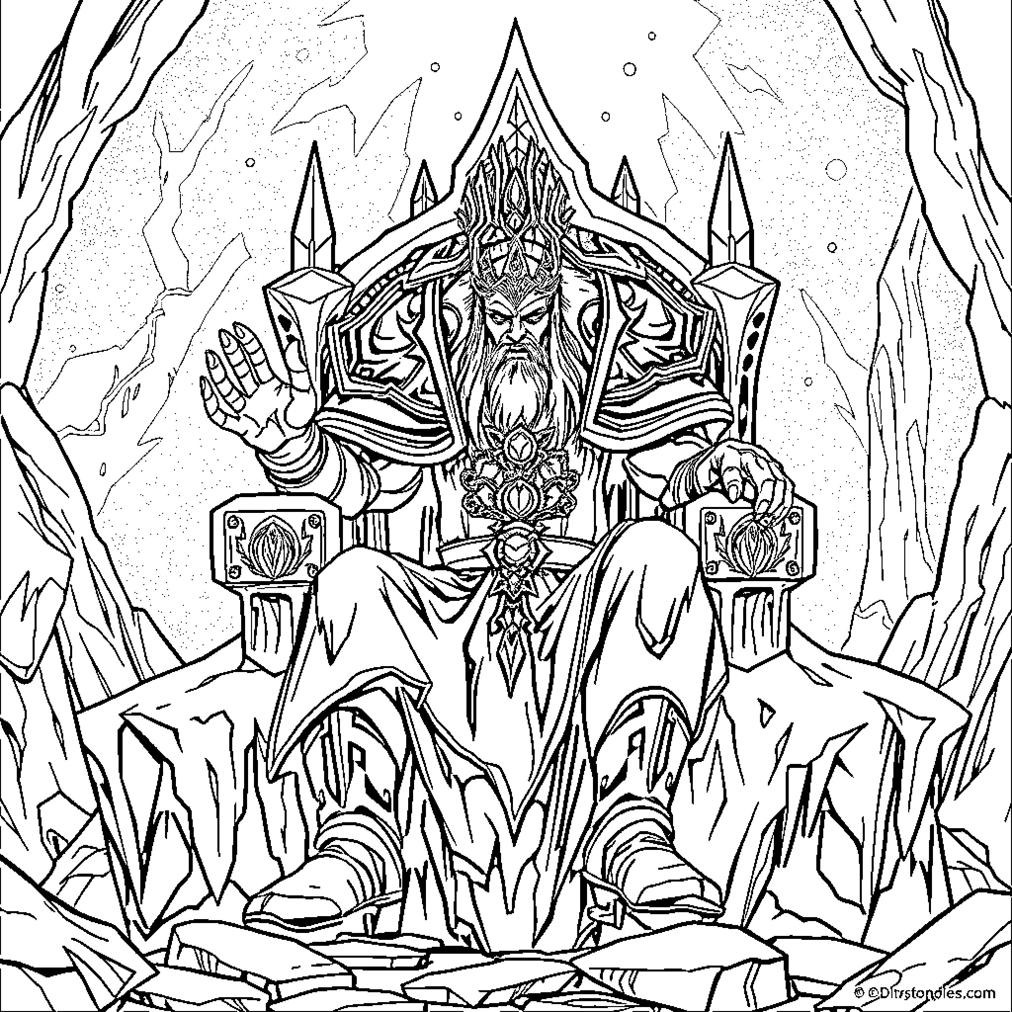Arthas, the Icy Lich King in Throne of the Damned Coloring Page (free black-and-white line drawing printable PDF for all, from beginners to advanced learners, including children, teens, adults, and seniors)