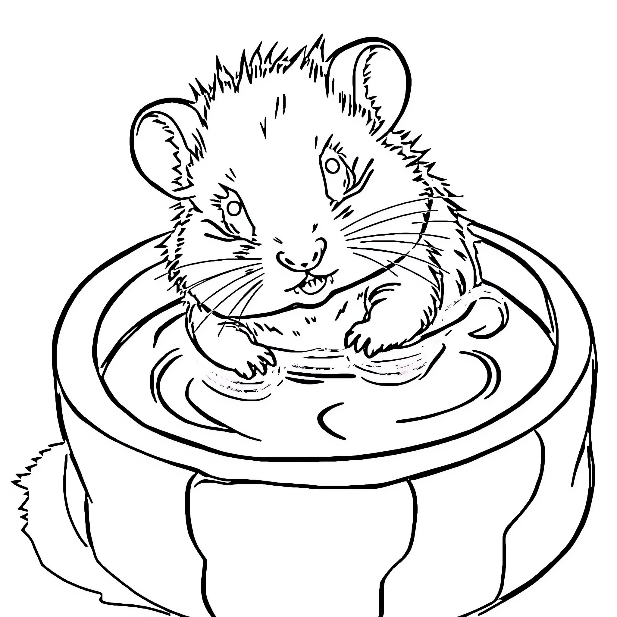 Hamster enjoying a tasty treat in a bowl Coloring Page (free black-and-white line drawing printable PDF for all, from beginners to advanced learners, including children, teens, adults, and seniors)