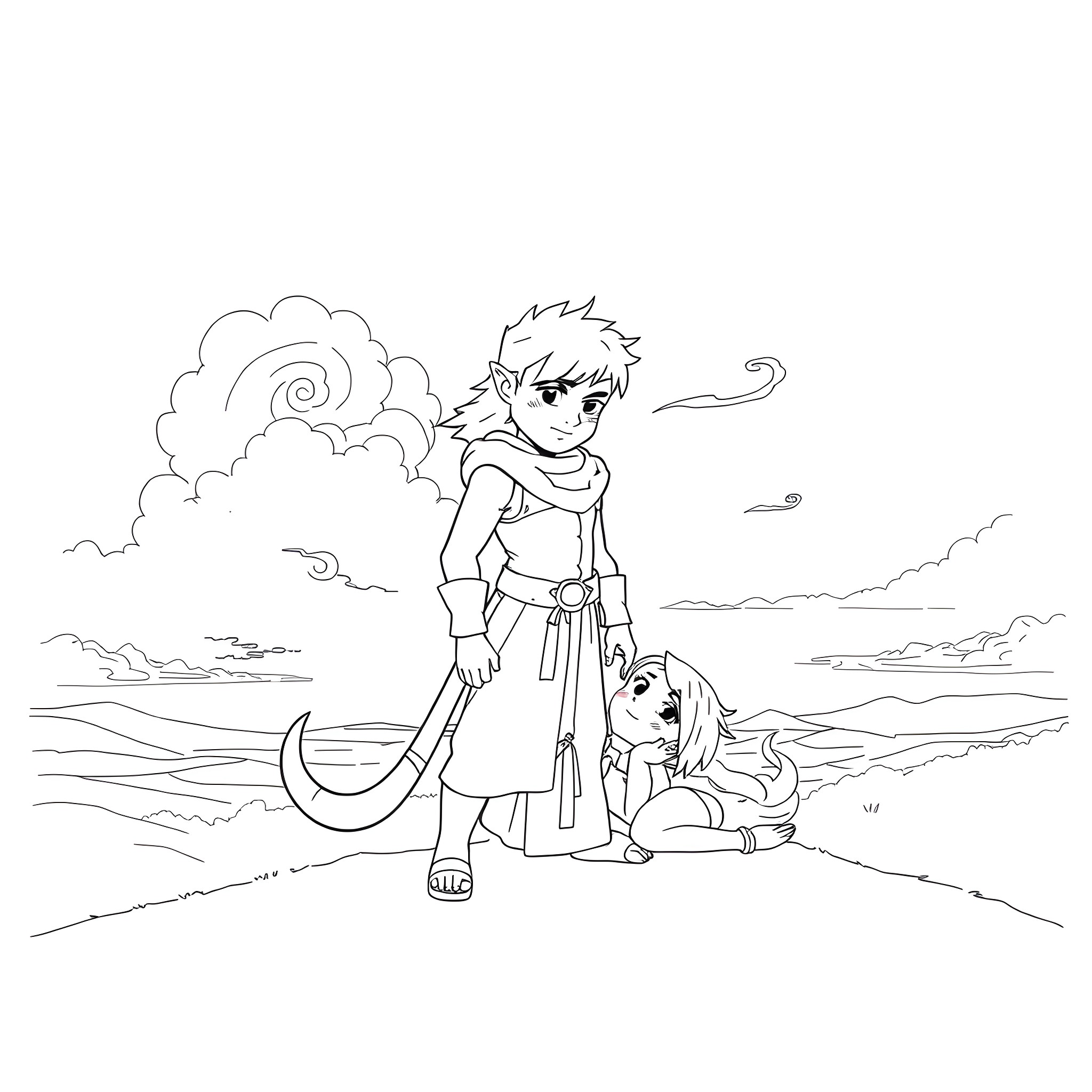 Lufi and his loyal companion explore the vast landscape Coloring Page (free black-and-white line drawing printable PDF for all, from beginners to advanced learners, including children, teens, adults, and seniors)