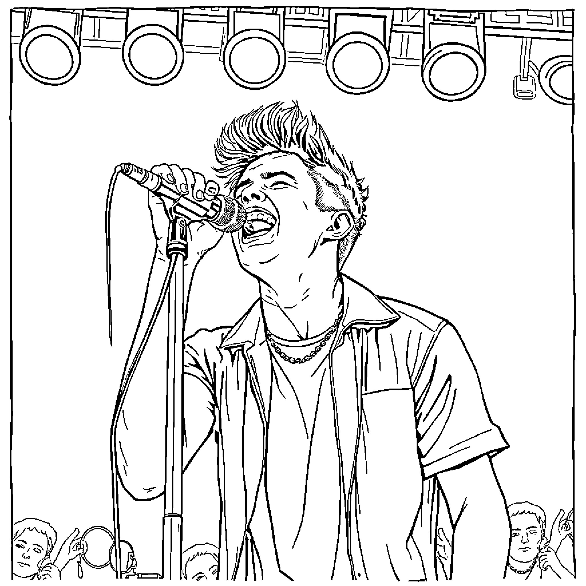 Yungblud performing energetically on stage Coloring Page (free black-and-white line drawing printable PDF for all, from beginners to advanced learners, including children, teens, adults, and seniors)