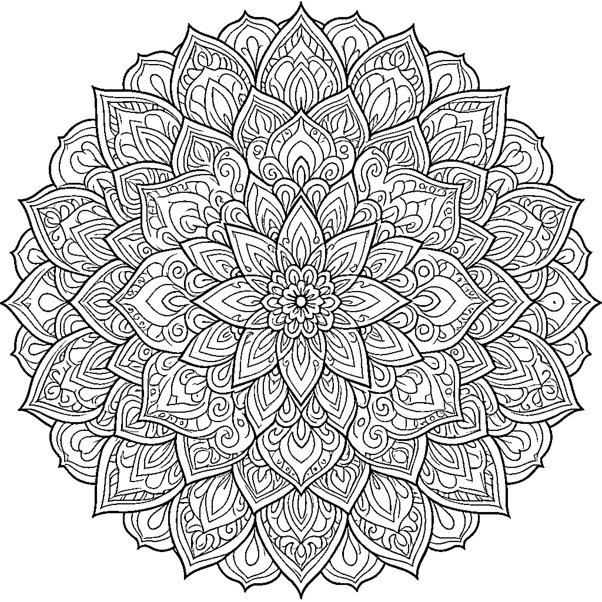 Mandala of intricate floral patterns Coloring Page (free black-and-white line drawing printable PDF for all, from beginners to advanced learners, including children, teens, adults, and seniors)