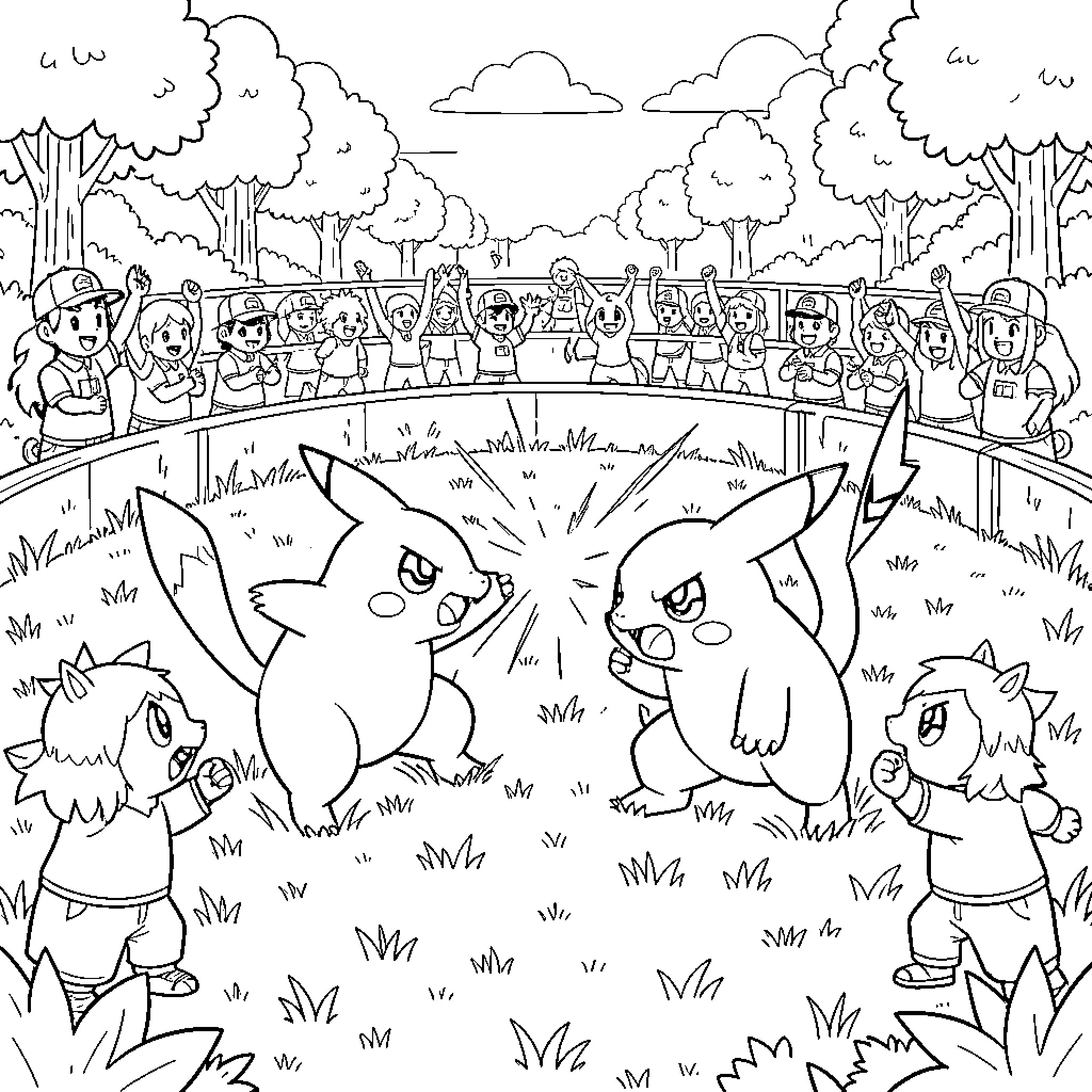 Pokémon battling intensely in front of a cheering crowd Coloring Page (free black-and-white line drawing printable PDF for all, from beginners to advanced learners, including children, teens, adults, and seniors)