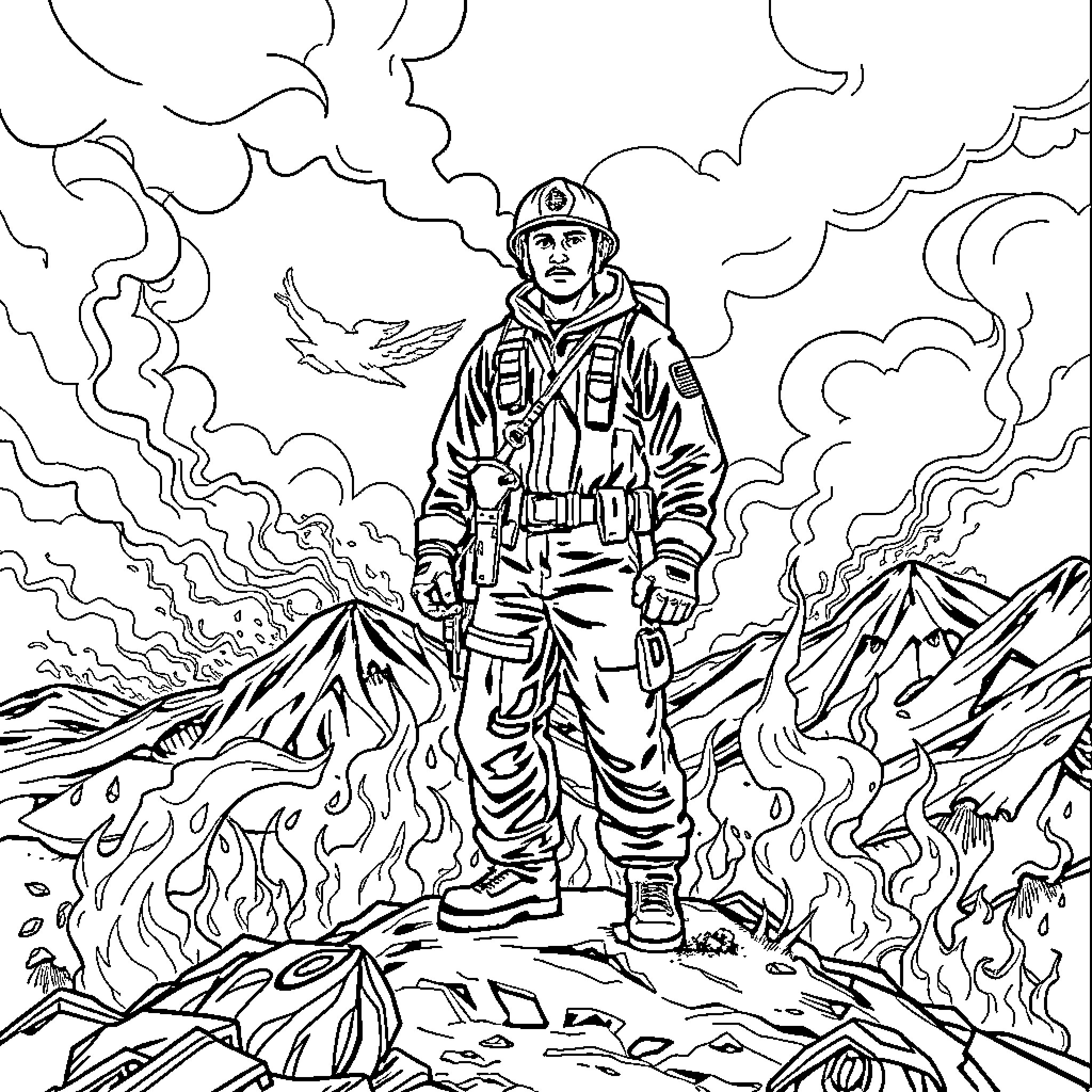 Smoke Jumper Battling Raging Wildfire in Rugged Terrain Coloring Page (free black-and-white line drawing printable PDF for all, from beginners to advanced learners, including children, teens, adults, and seniors)