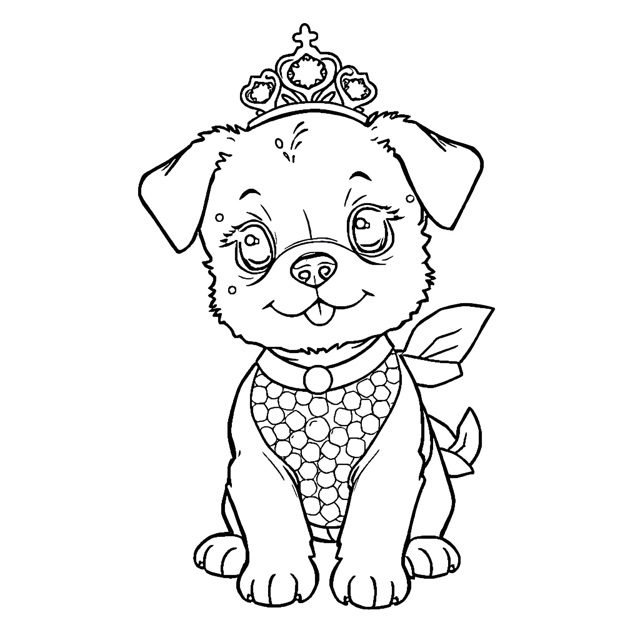 Puppy wearing a crown and bowtie Coloring Page (free black-and-white line drawing printable PDF for all, from beginners to advanced learners, including children, teens, adults, and seniors)