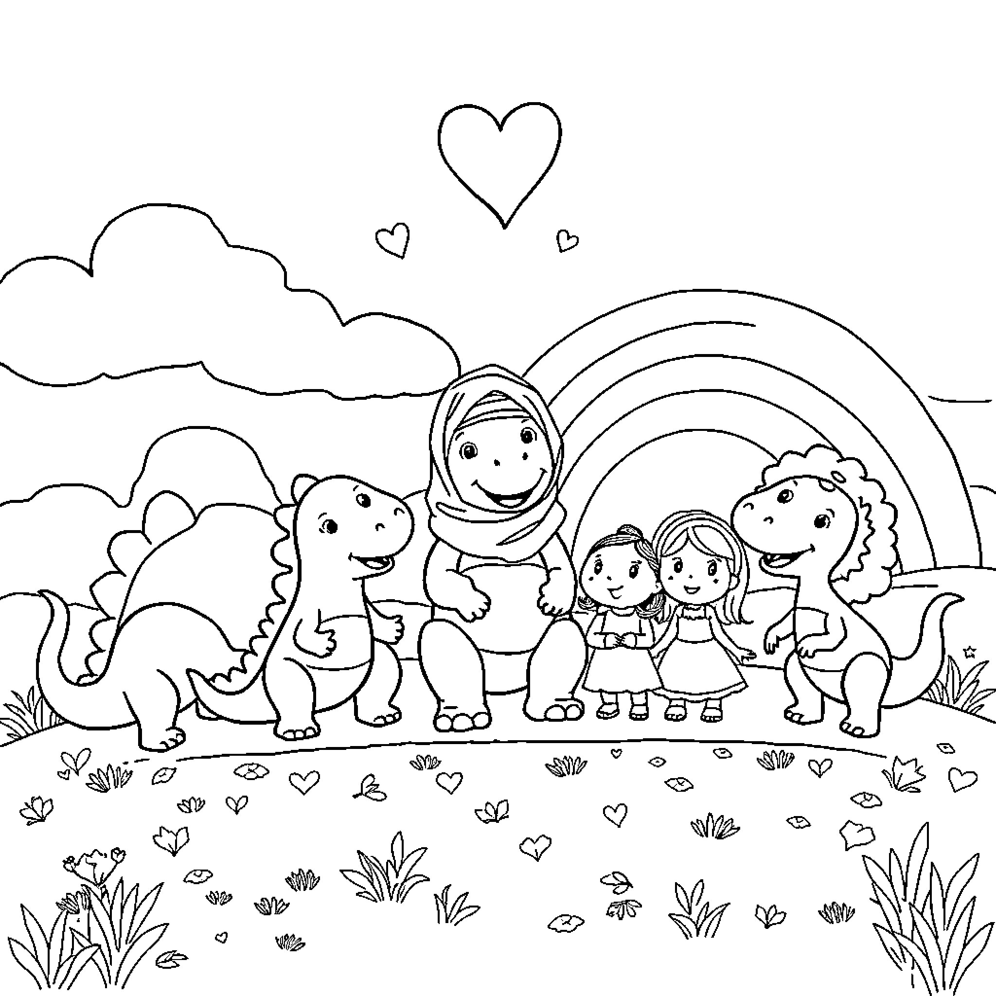 Dinosaur friends playing in magical fantasy landscape Coloring Page (free black-and-white line drawing printable PDF for all, from beginners to advanced learners, including children, teens, adults, and seniors)