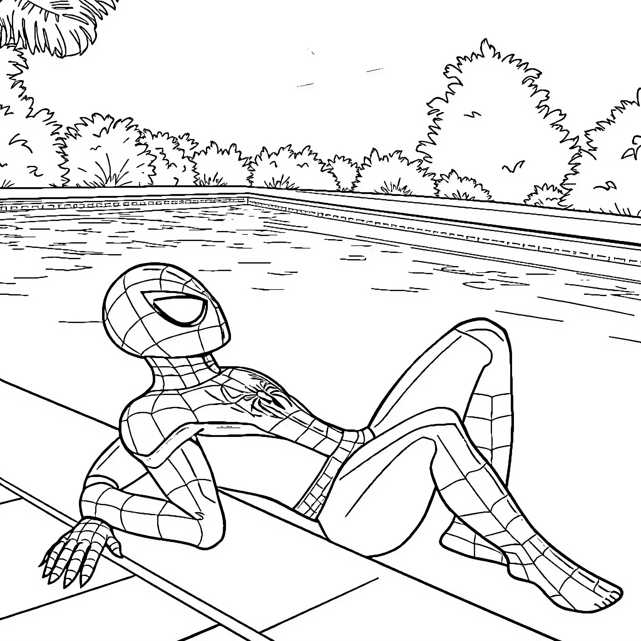 Spiderman enjoying a relaxing day by the lake Coloring Page (free black-and-white line drawing printable PDF for all, from beginners to advanced learners, including children, teens, adults, and seniors)