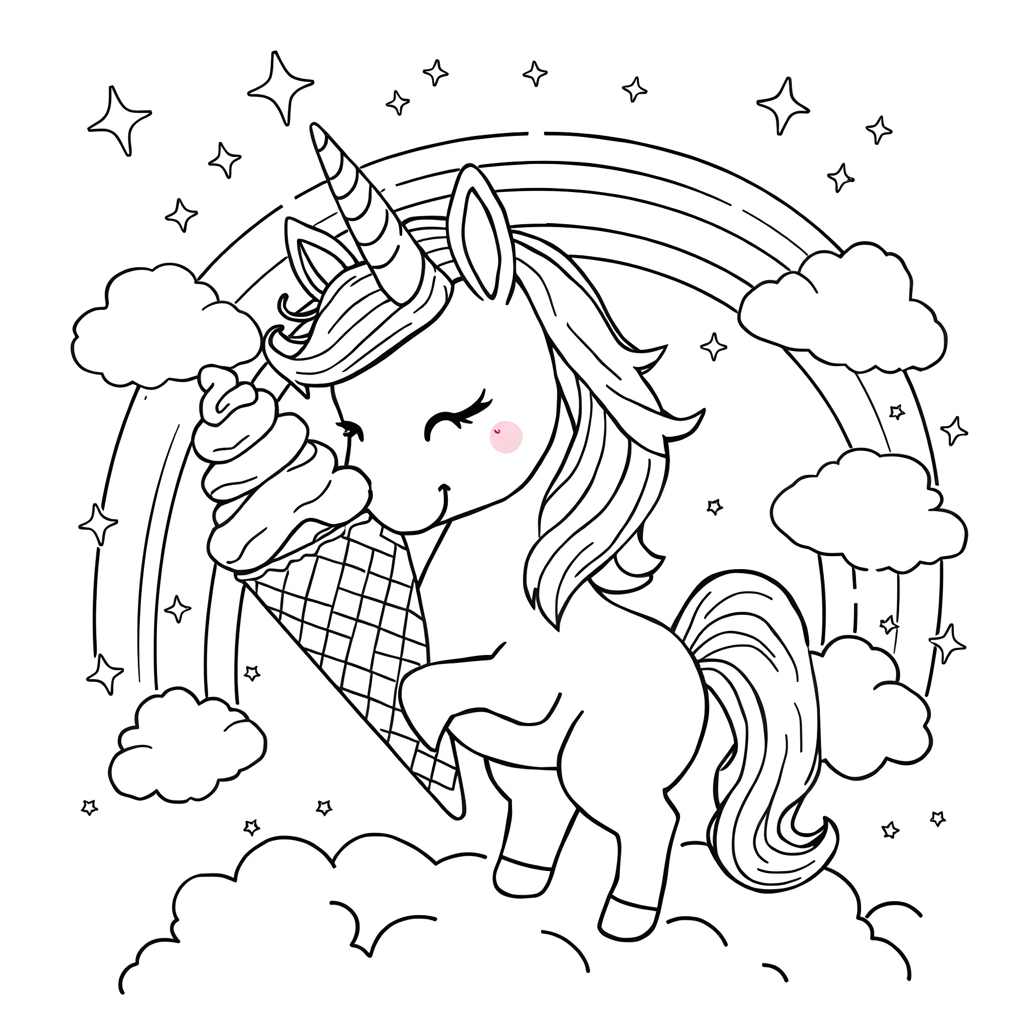 Unicorn Enjoying Ice Cream Under Rainbows and Stars Coloring Page (free black-and-white line drawing printable PDF for all, from beginners to advanced learners, including children, teens, adults, and seniors)