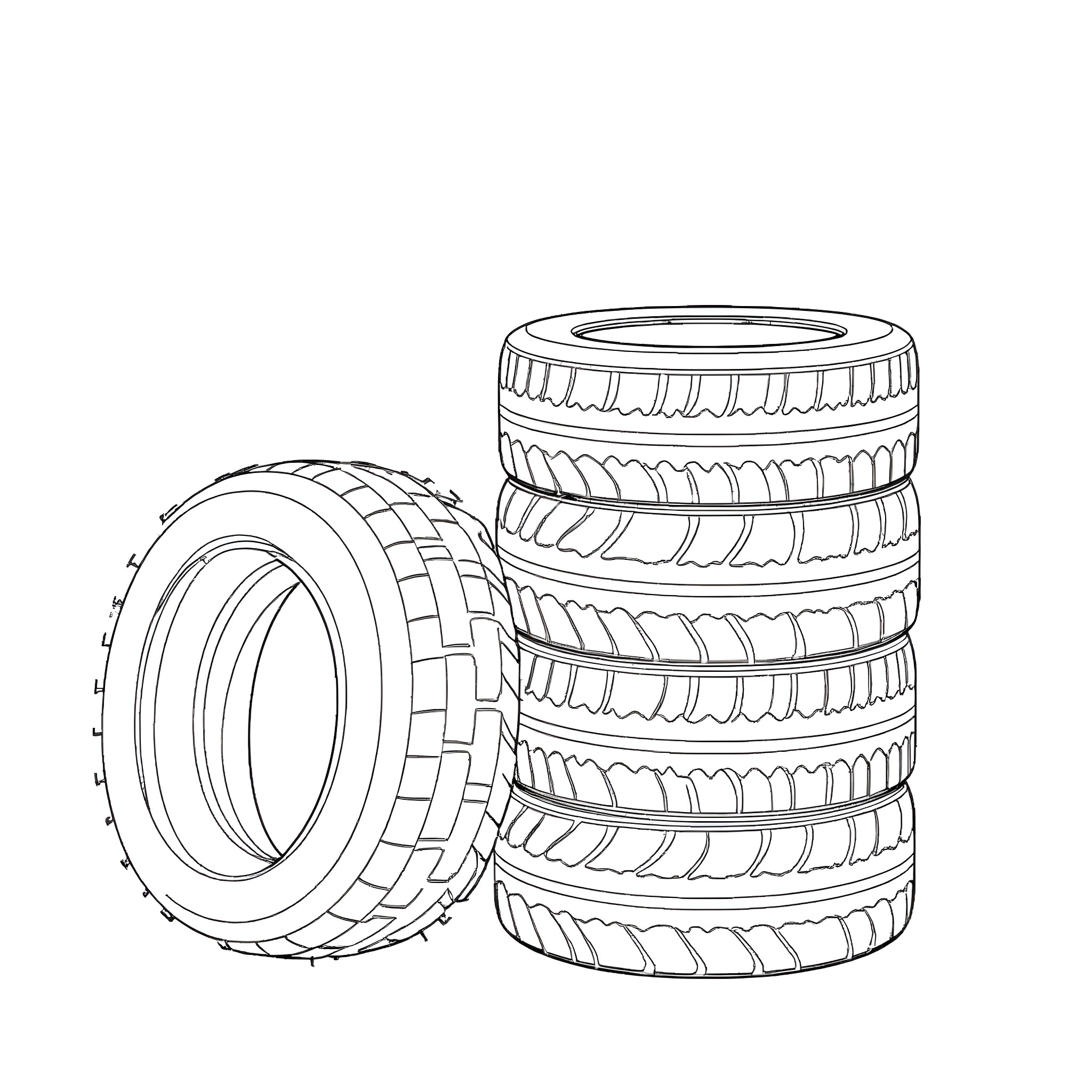 Tire stack in black and white Coloring Page (free black-and-white line drawing printable PDF for all, from beginners to advanced learners, including children, teens, adults, and seniors)