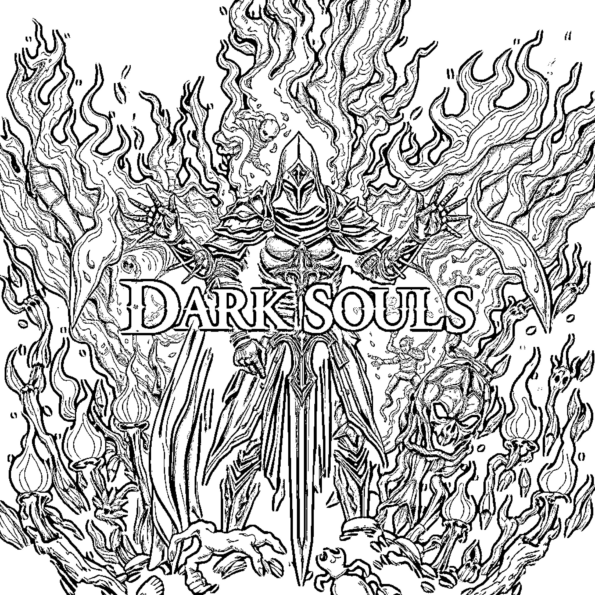 Dark Souls: Fiery Warrior Surrounded by Chaos Coloring Page (free black-and-white line drawing printable PDF for all, from beginners to advanced learners, including children, teens, adults, and seniors)