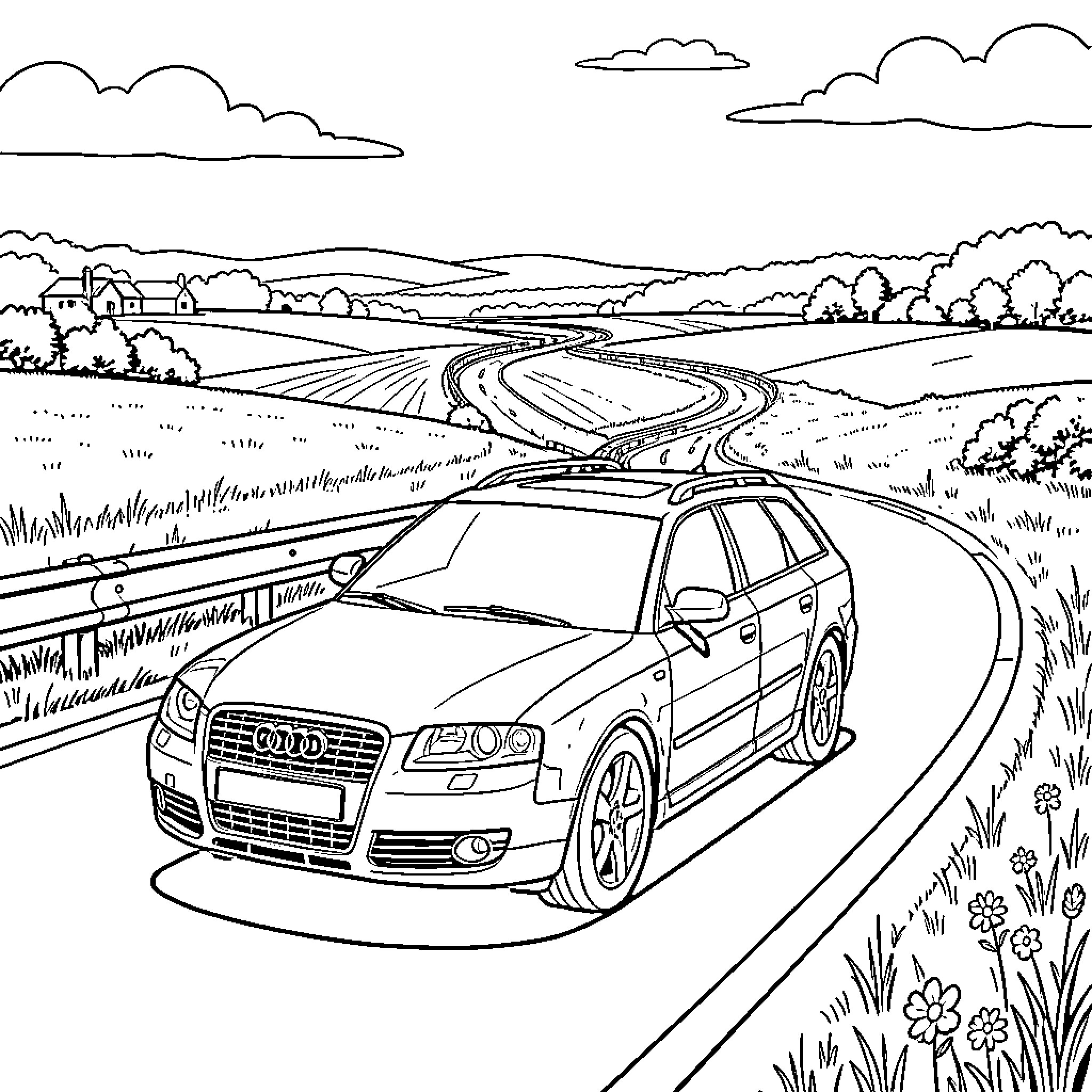Audi driving through idyllic countryside landscape Coloring Page (free black-and-white line drawing printable PDF for all, from beginners to advanced learners, including children, teens, adults, and seniors)