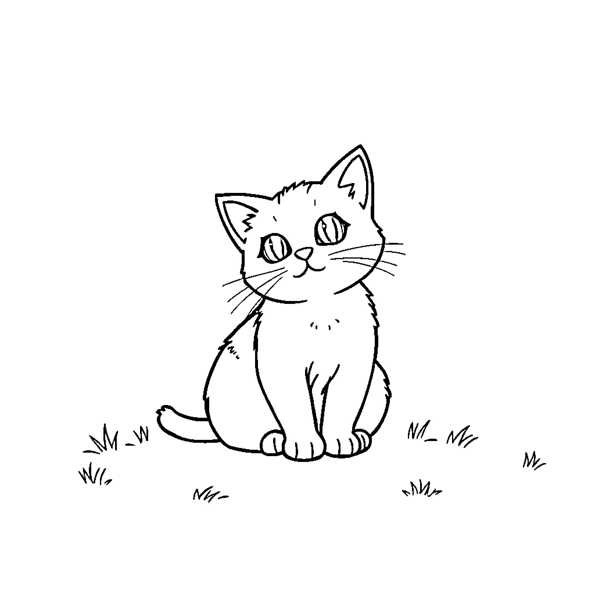 Cat sitting adorably in the grass Coloring Page (free black-and-white line drawing printable PDF for all, from beginners to advanced learners, including children, teens, adults, and seniors)