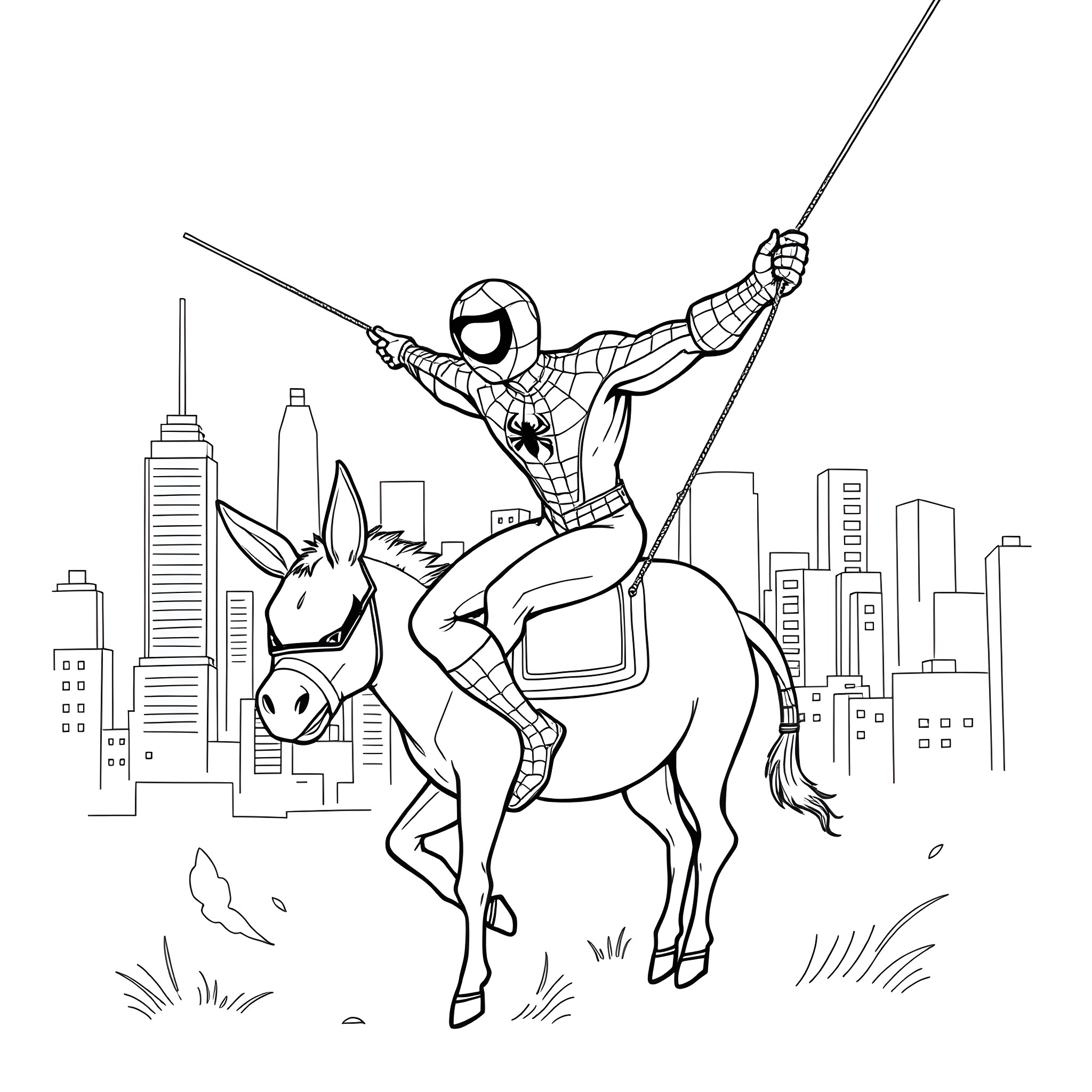 Spiderman riding a donkey in the city Coloring Page (free black-and-white line drawing printable PDF for all, from beginners to advanced learners, including children, teens, adults, and seniors)