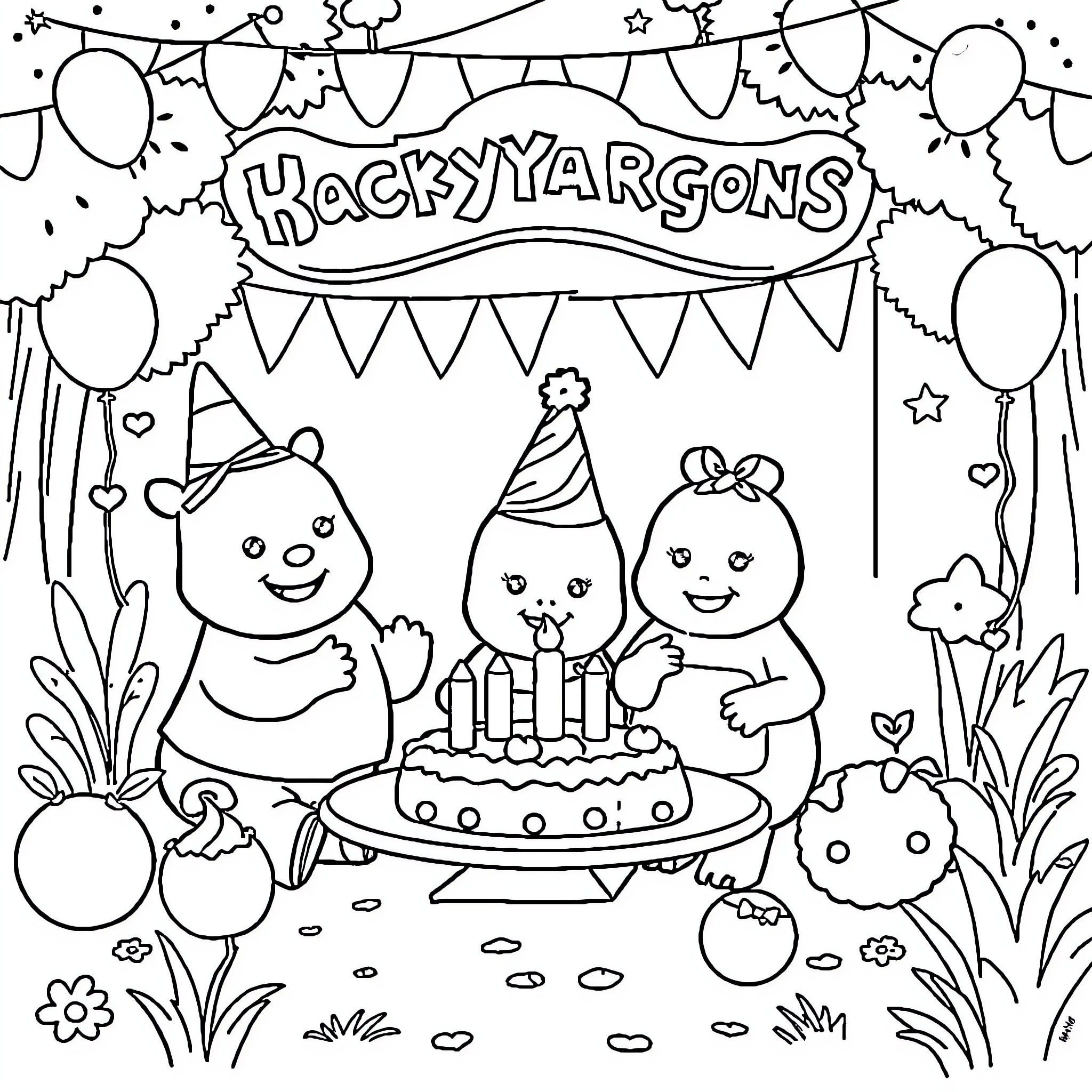 Backyardigans having a birthday party celebration Coloring Page (free black-and-white line drawing printable PDF for all, from beginners to advanced learners, including children, teens, adults, and seniors)