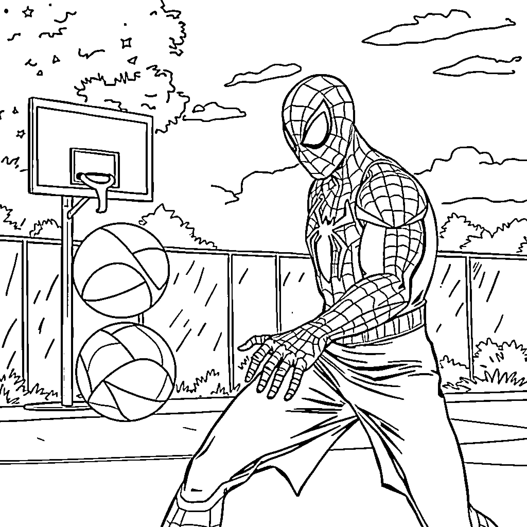Spiderman playing basketball on the court Coloring Page (free black-and-white line drawing printable PDF for all, from beginners to advanced learners, including children, teens, adults, and seniors)