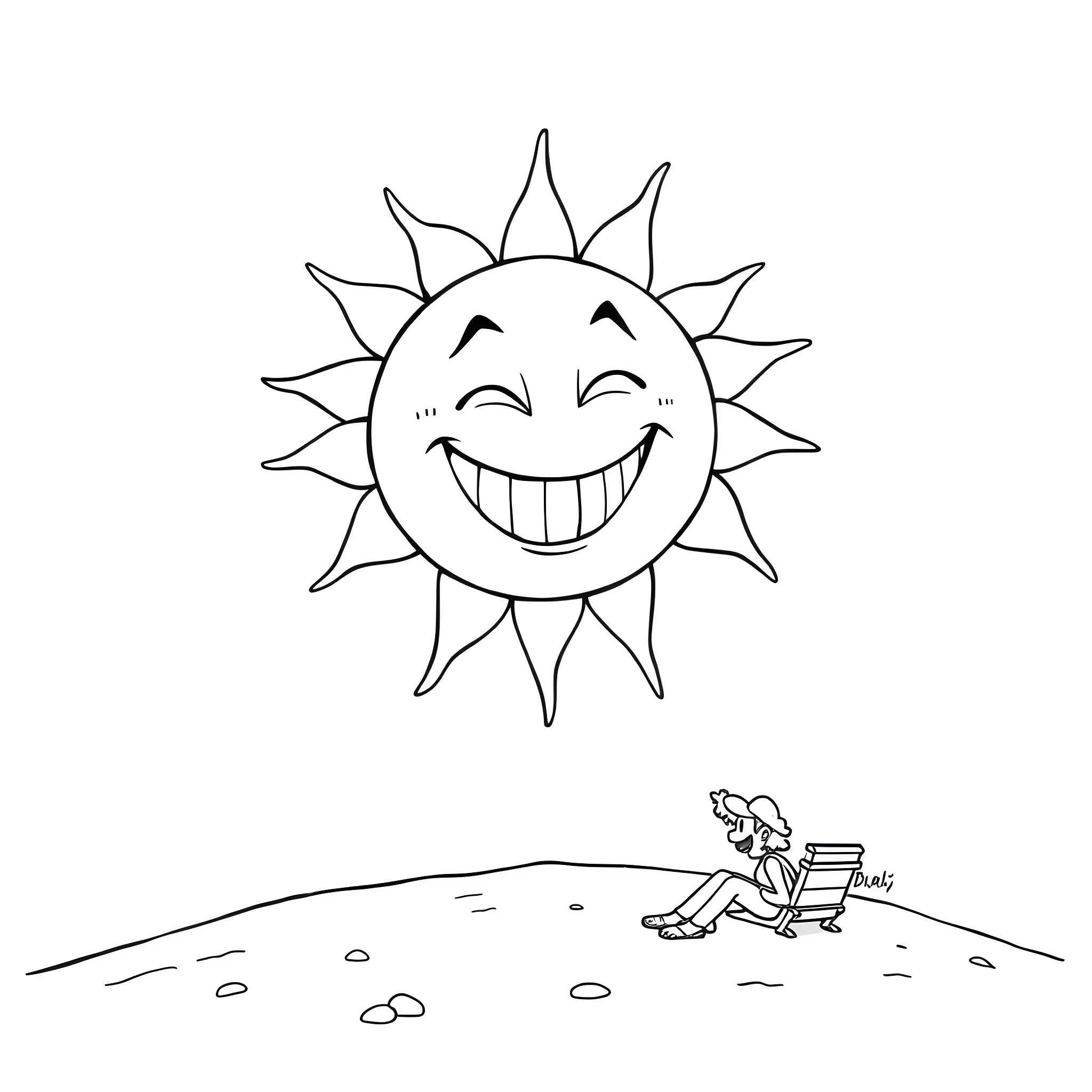 Sun smiling joyfully on a person enjoying the day Coloring Page (free black-and-white line drawing printable PDF for all, from beginners to advanced learners, including children, teens, adults, and seniors)