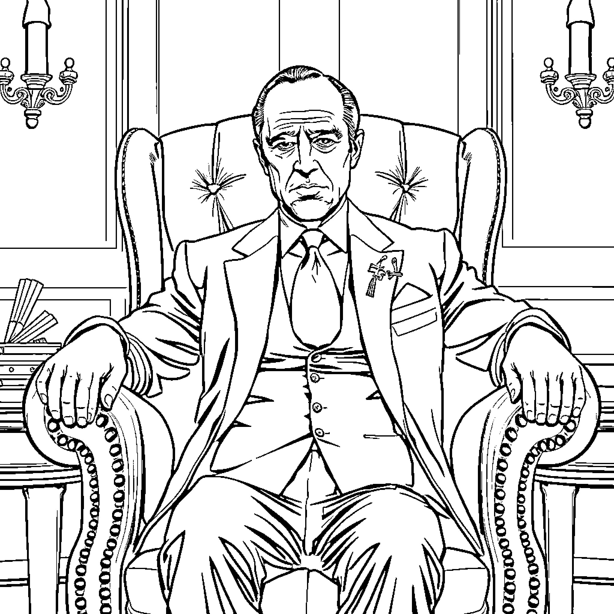 Godfather in Regal Attire Seated in Ornate Chair Coloring Page (free black-and-white line drawing printable PDF for all, from beginners to advanced learners, including children, teens, adults, and seniors)