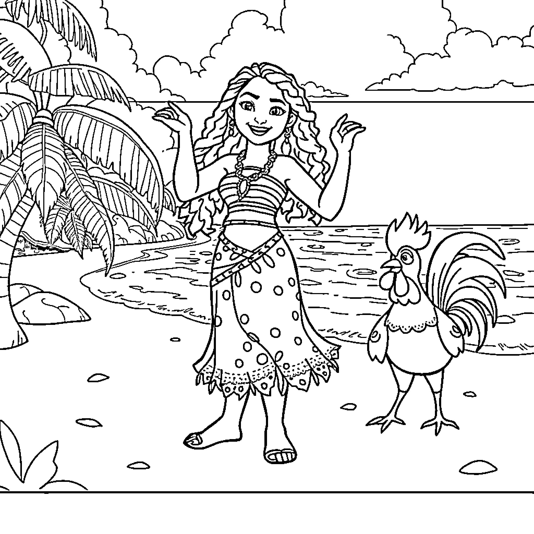 Moana exploring tropical island with rooster Coloring Page (free black-and-white line drawing printable PDF for all, from beginners to advanced learners, including children, teens, adults, and seniors)