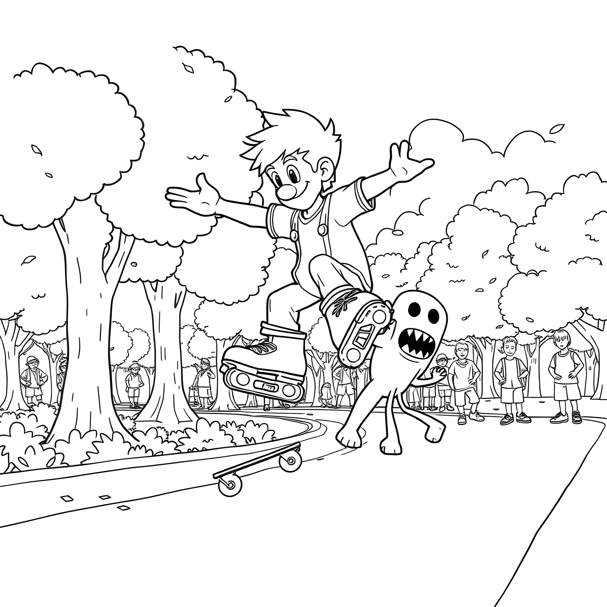 Steve's Whimsical Adventure in the Cartoon Park Coloring Page (free black-and-white line drawing printable PDF for all, from beginners to advanced learners, including children, teens, adults, and seniors)