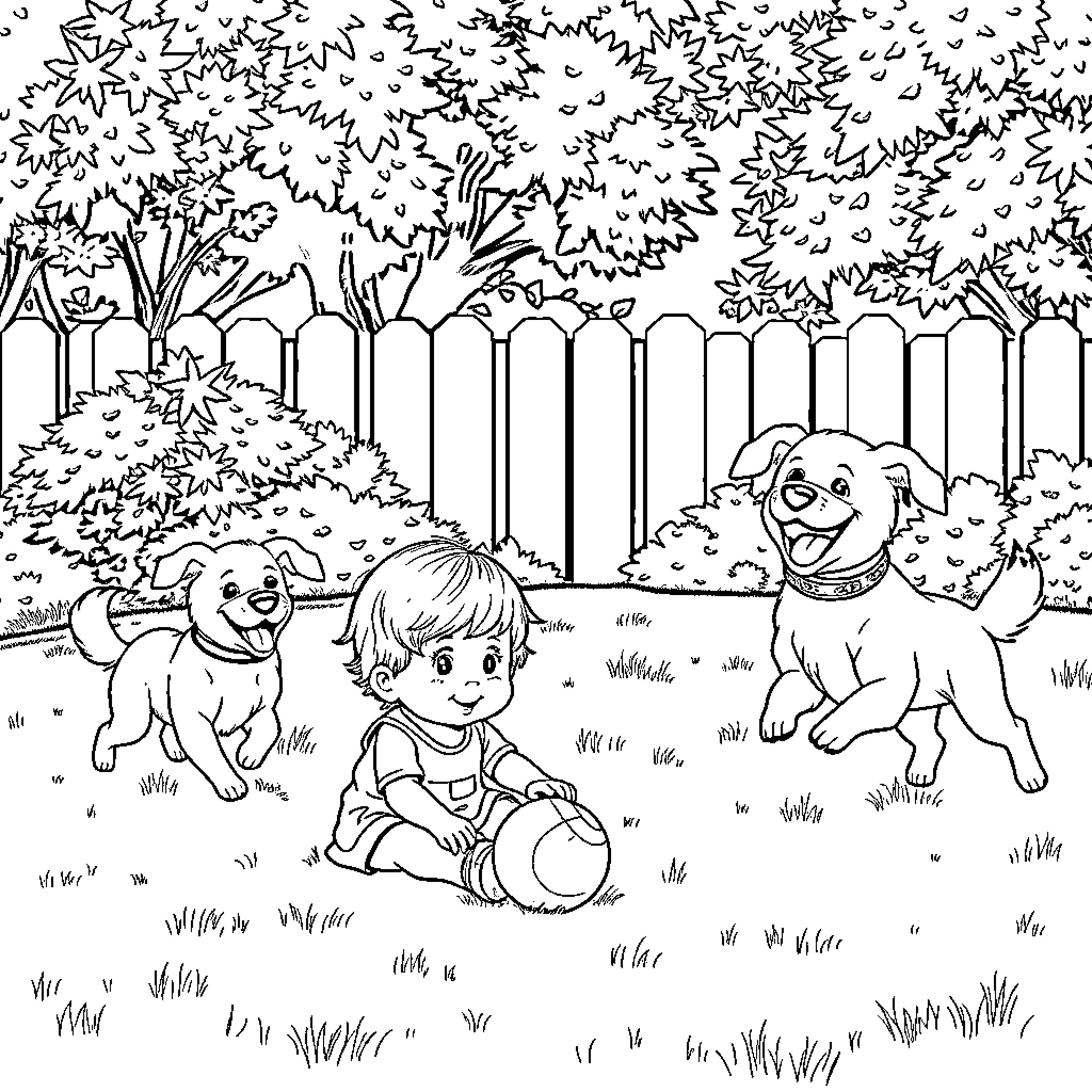 Baby Girl Playing with Puppies in the Garden Coloring Page (free black-and-white line drawing printable PDF for all, from beginners to advanced learners, including children, teens, adults, and seniors)