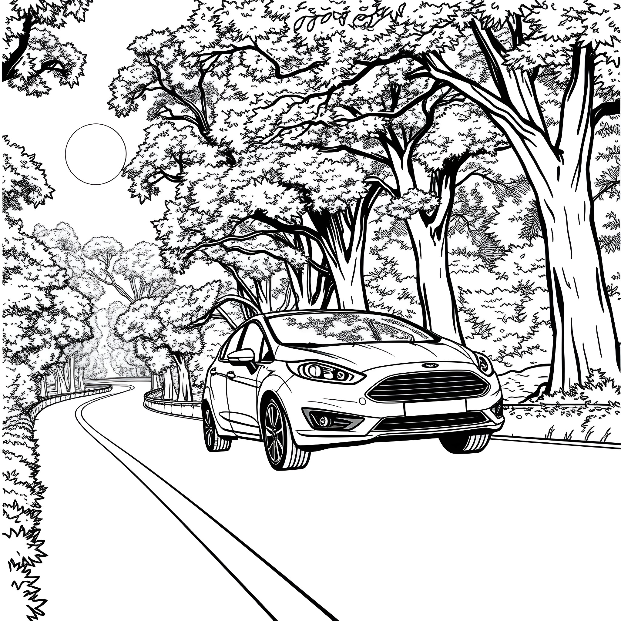 Ford car driving through a lush forest landscape Coloring Page (free black-and-white line drawing printable PDF for all, from beginners to advanced learners, including children, teens, adults, and seniors)