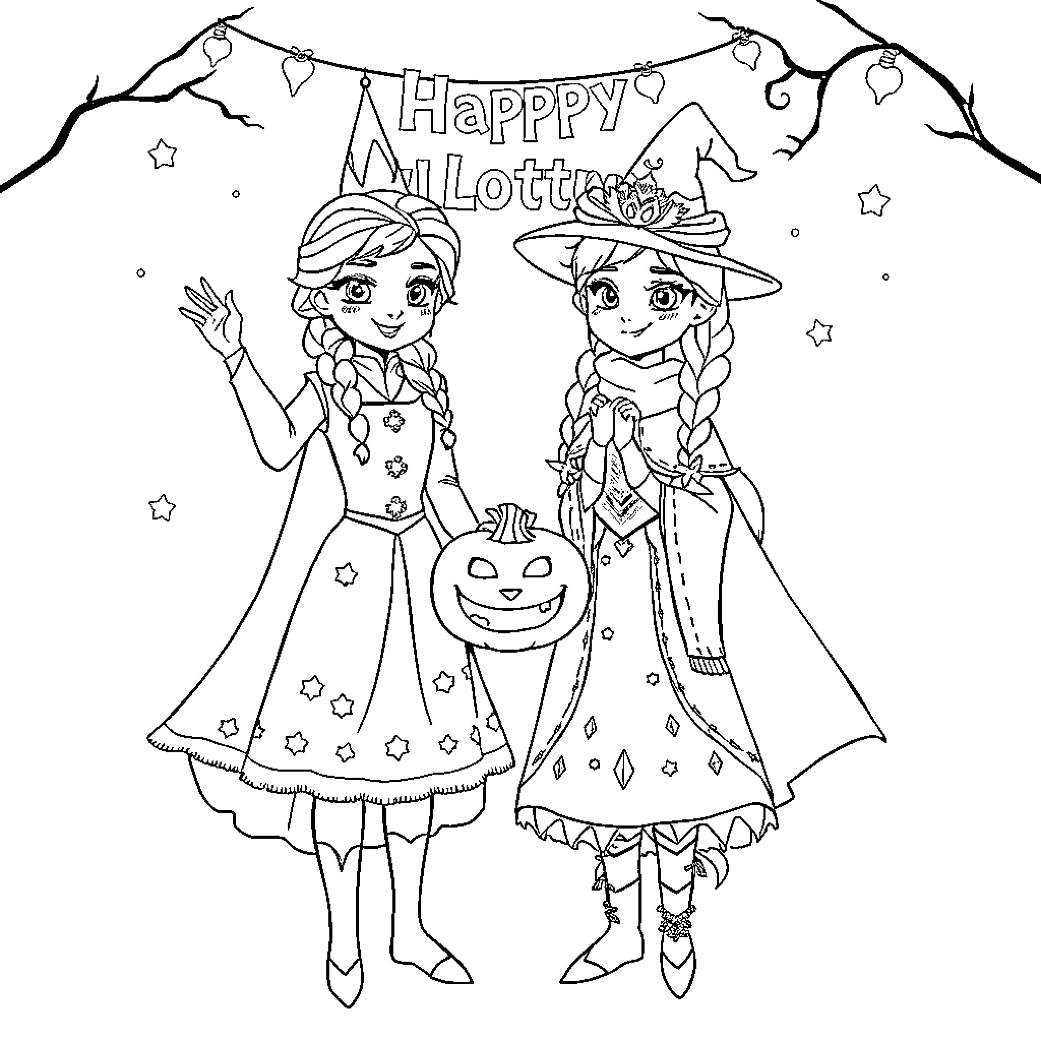 Elsa and Anna celebrate Halloween together Coloring Page (free black-and-white line drawing printable PDF for all, from beginners to advanced learners, including children, teens, adults, and seniors)