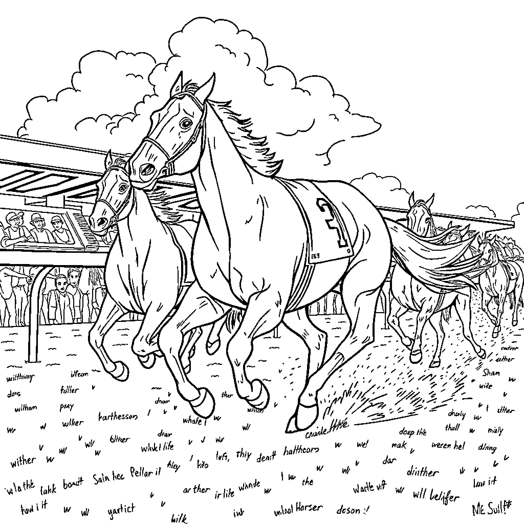 Horses racing at the track Coloring Page (free black-and-white line drawing printable PDF for all, from beginners to advanced learners, including children, teens, adults, and seniors)