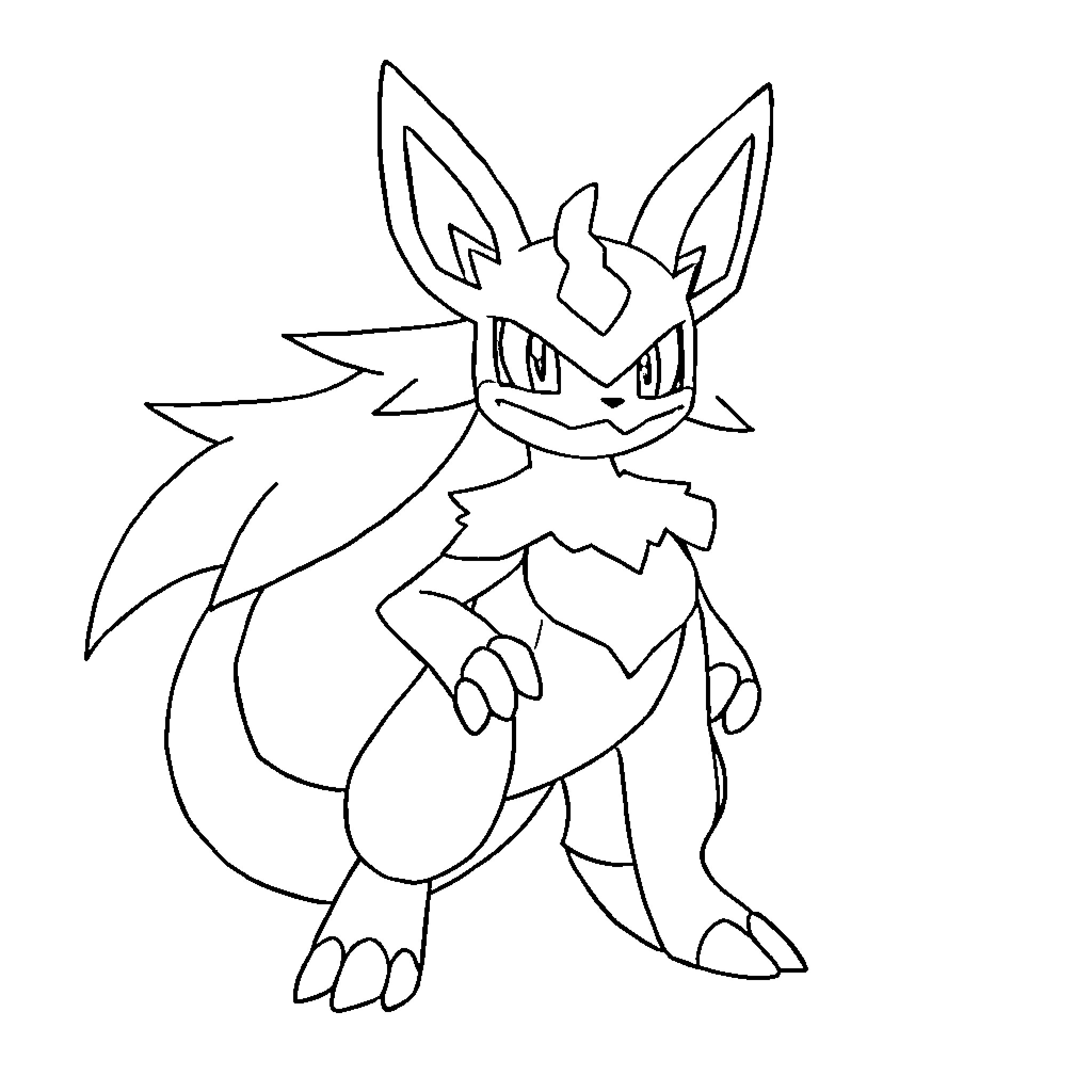 Lucario in a battle-ready stance Coloring Page (free black-and-white line drawing printable PDF for all, from beginners to advanced learners, including children, teens, adults, and seniors)