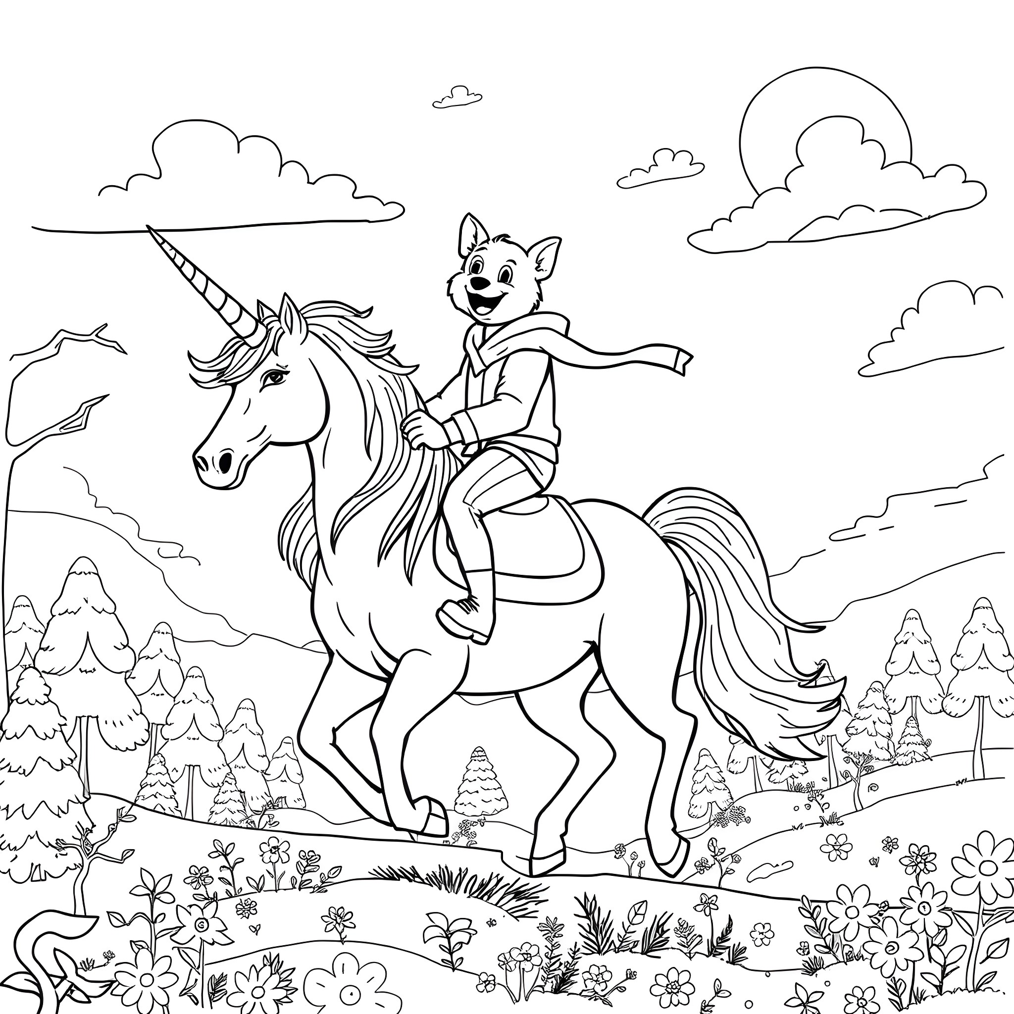 Dogman riding a unicorn through a magical landscape Coloring Page (free black-and-white line drawing printable PDF for all, from beginners to advanced learners, including children, teens, adults, and seniors)