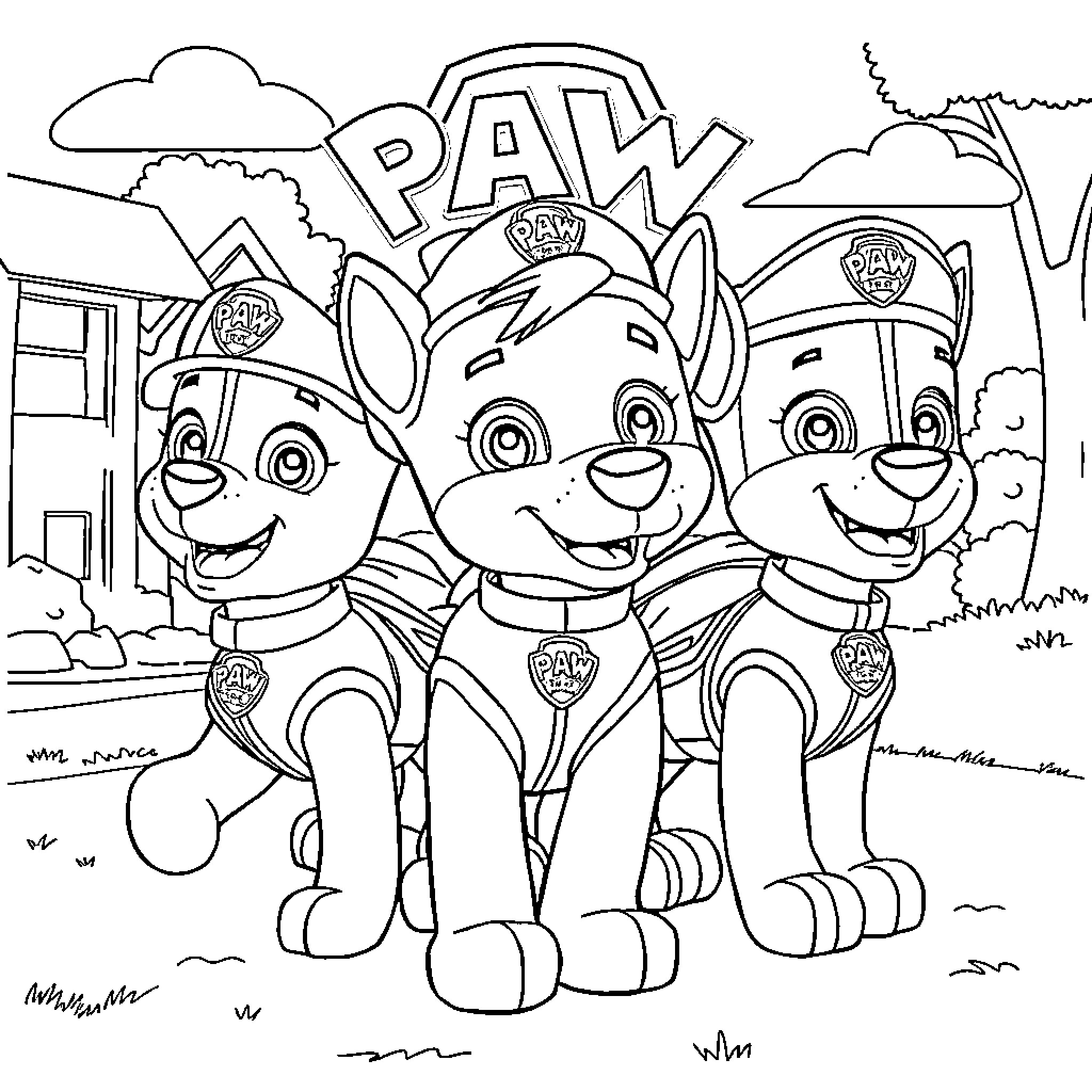 Paw Patrol pups smiling together in an outdoor scene Coloring Page (free black-and-white line drawing printable PDF for all, from beginners to advanced learners, including children, teens, adults, and seniors)