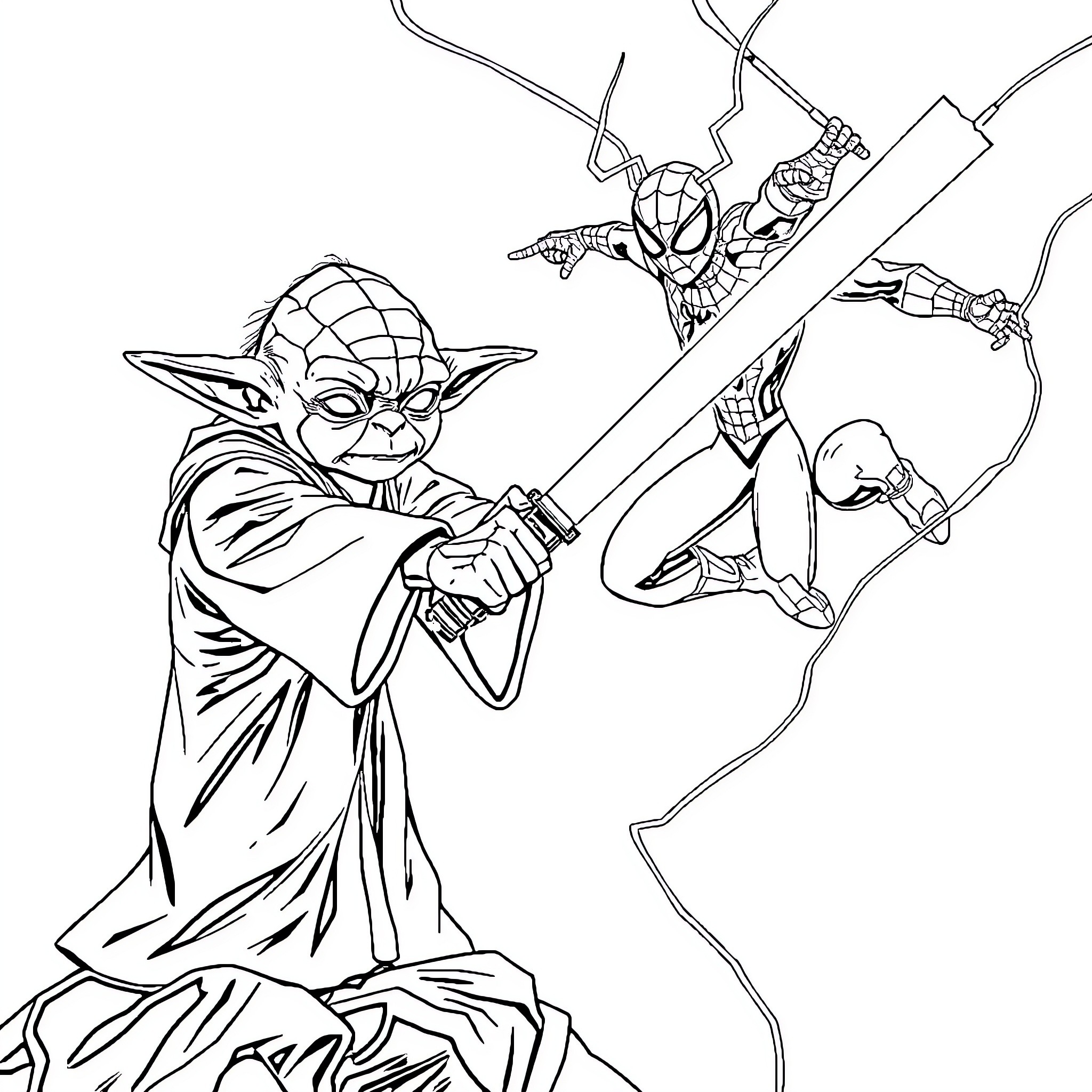 Yoda training Spider-Man with lightsaber skills Coloring Page (free black-and-white line drawing printable PDF for all, from beginners to advanced learners, including children, teens, adults, and seniors)