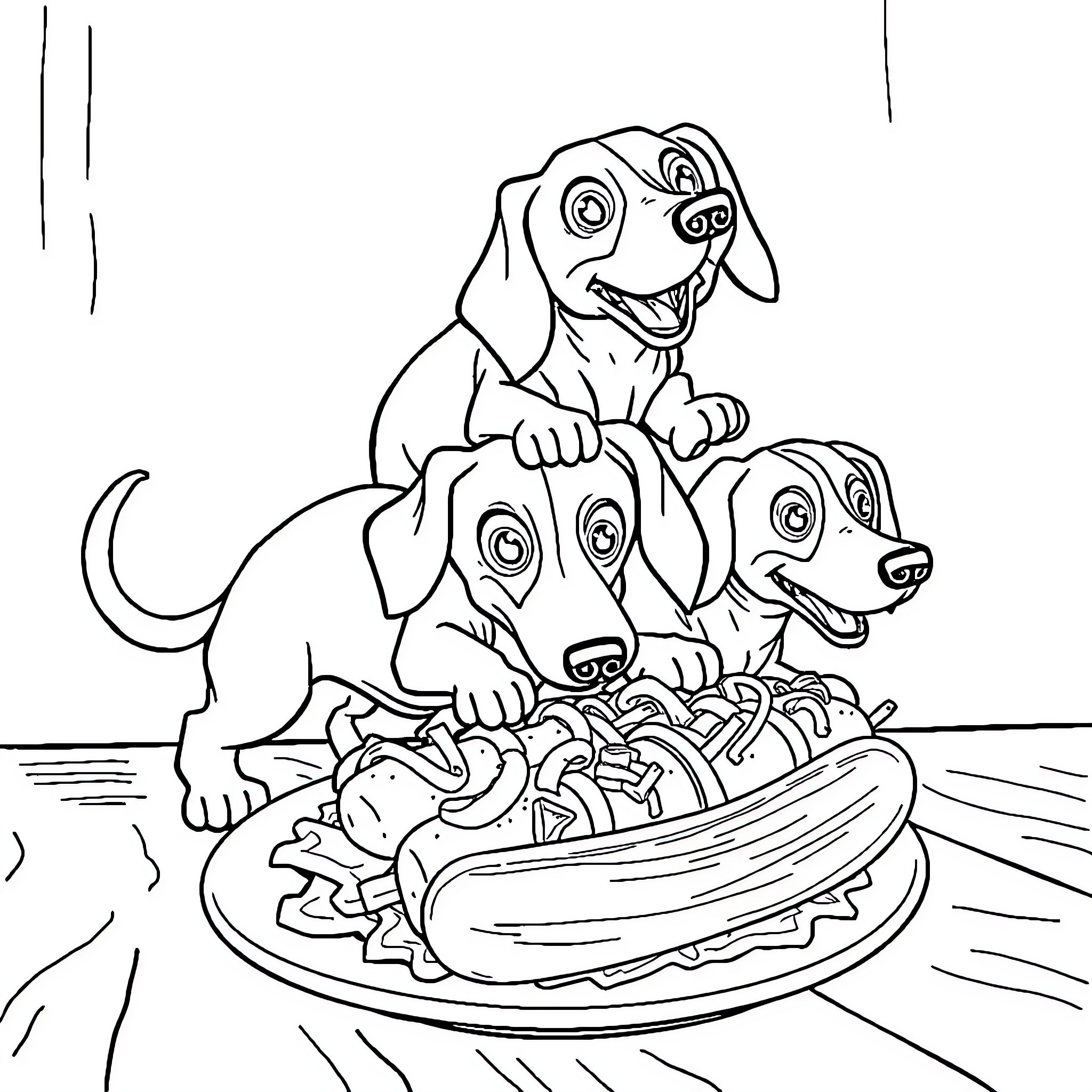 Wiener Dogs Enjoying Hot Dogs Coloring Page (free black-and-white line drawing printable PDF for all, from beginners to advanced learners, including children, teens, adults, and seniors)