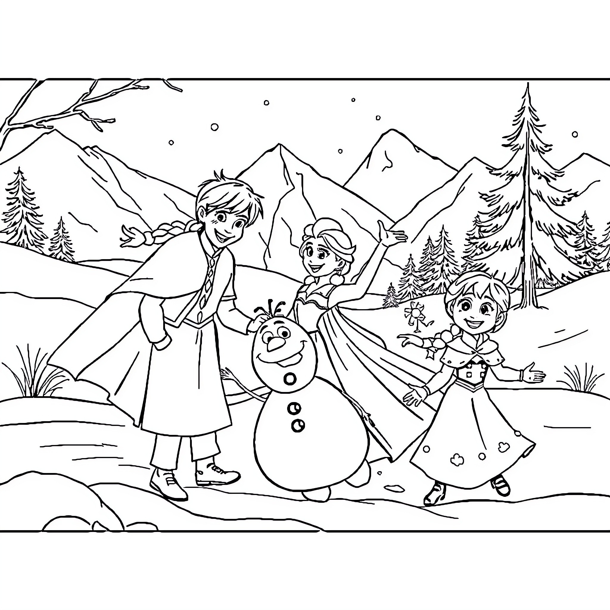 Frozen winter scene with characters and snowman Coloring Page (free black-and-white line drawing printable PDF for all, from beginners to advanced learners, including children, teens, adults, and seniors)